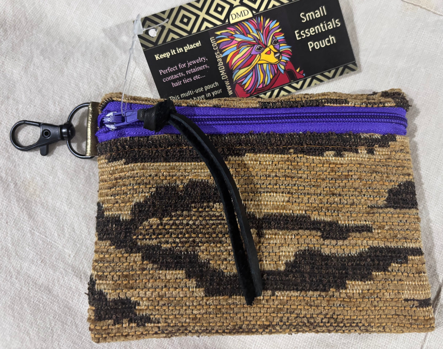 Small Essential Pouch with Snaphook woven tiger with purple zipper 5”x4” - DMD Bags