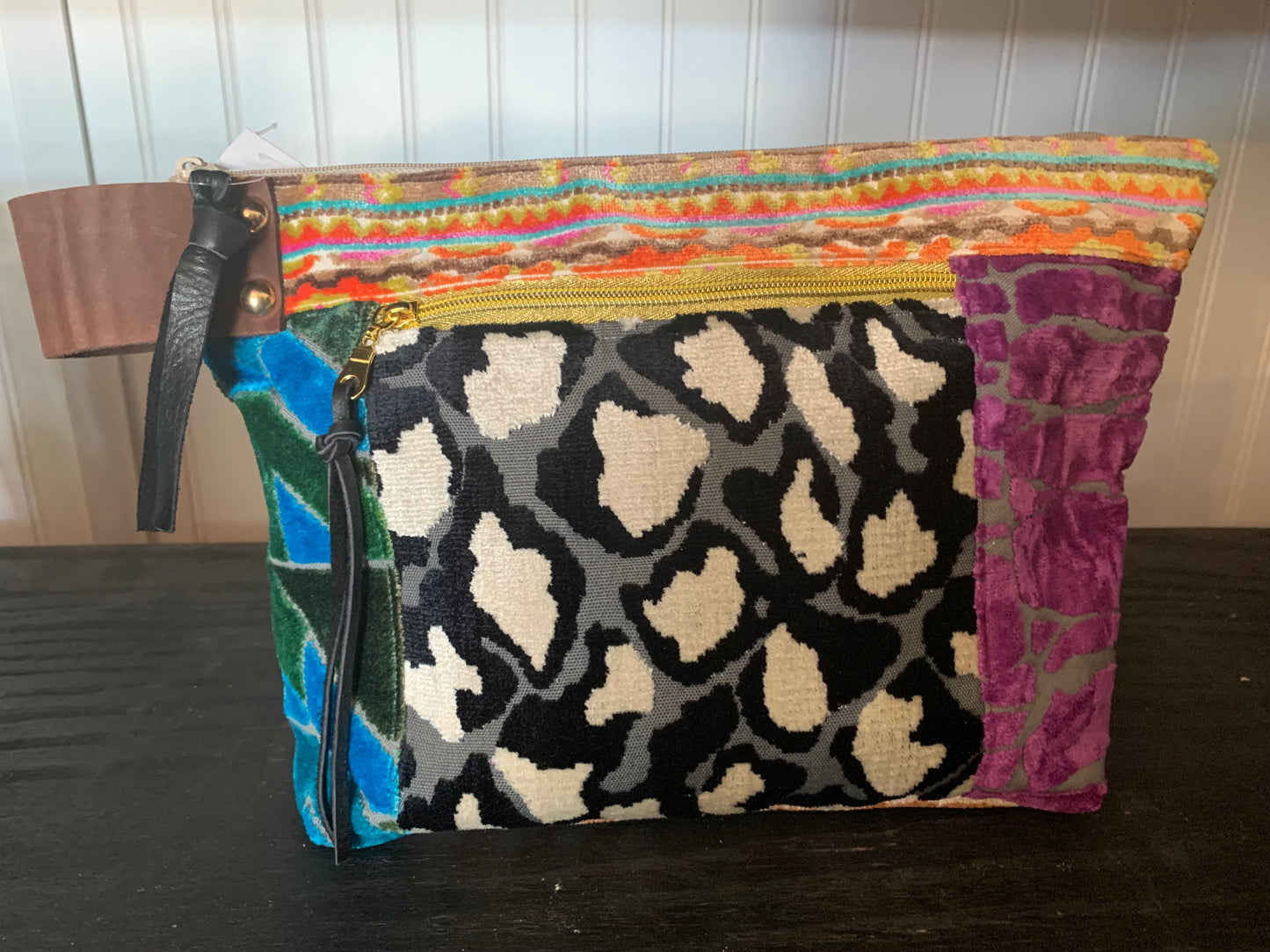Jumbo Make Up Bag Patchwork with leather grip handle