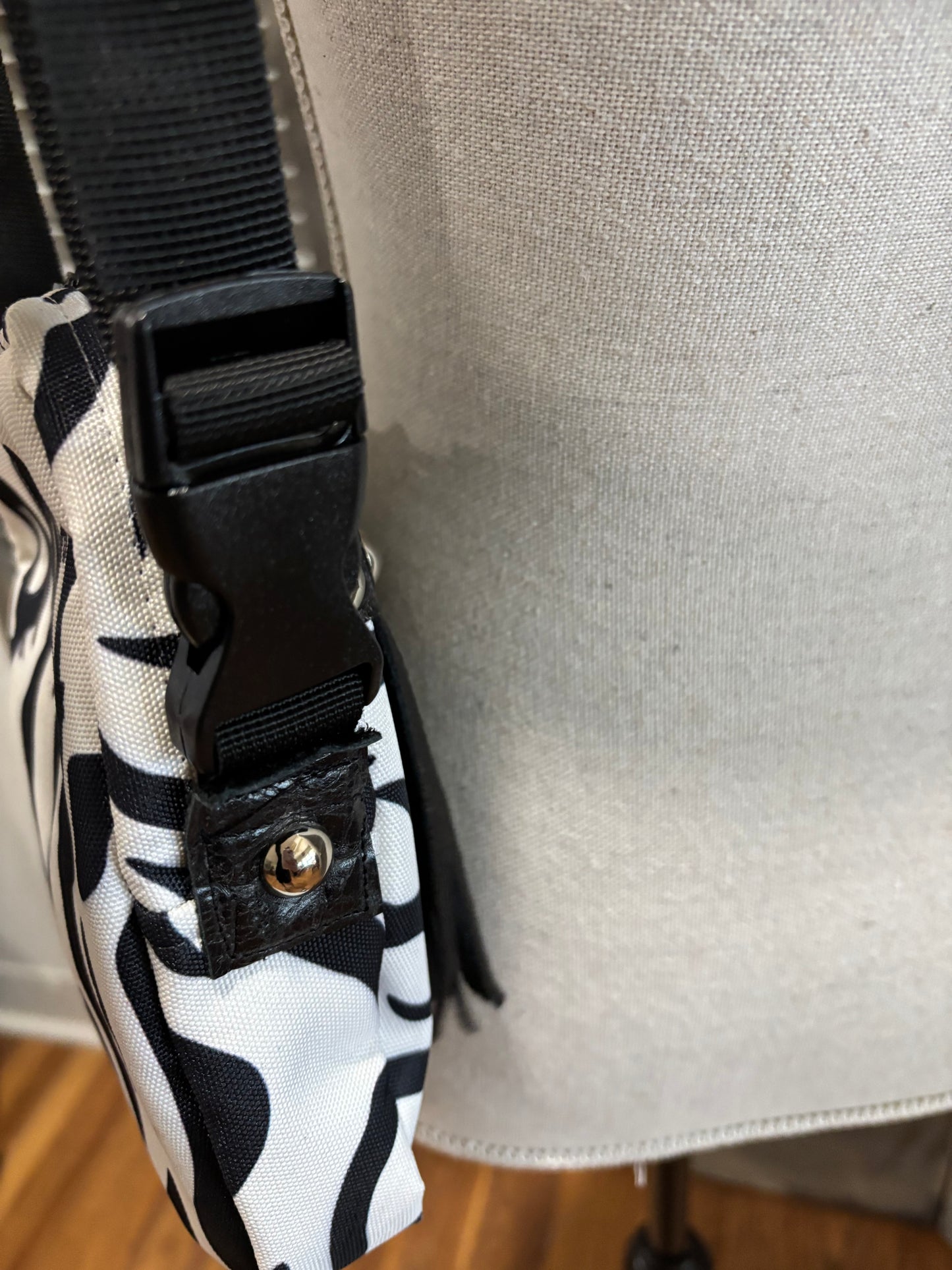 The X Bag, Rocker! Black and cream zebra silver studs, black leather fringe