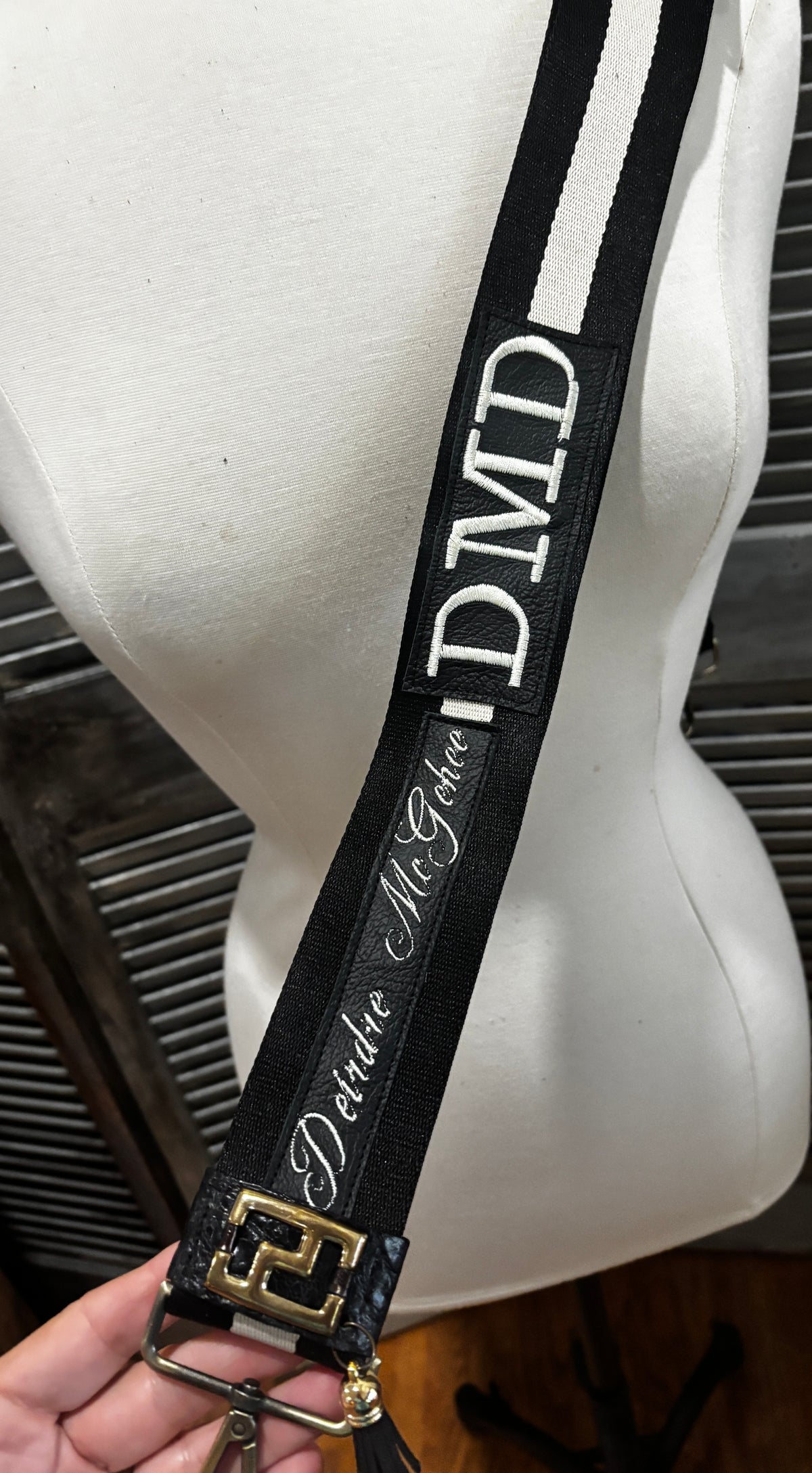 One of a kind Adjustable Shoulder Strap Black and Cream and Antique brass hardware - DMD Bags