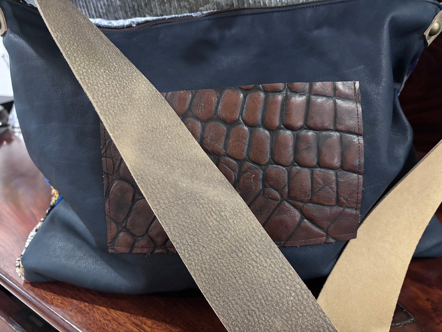 One of a kind Shoulder Bag- Couture Velvets and Navy Leather - DMD Bags