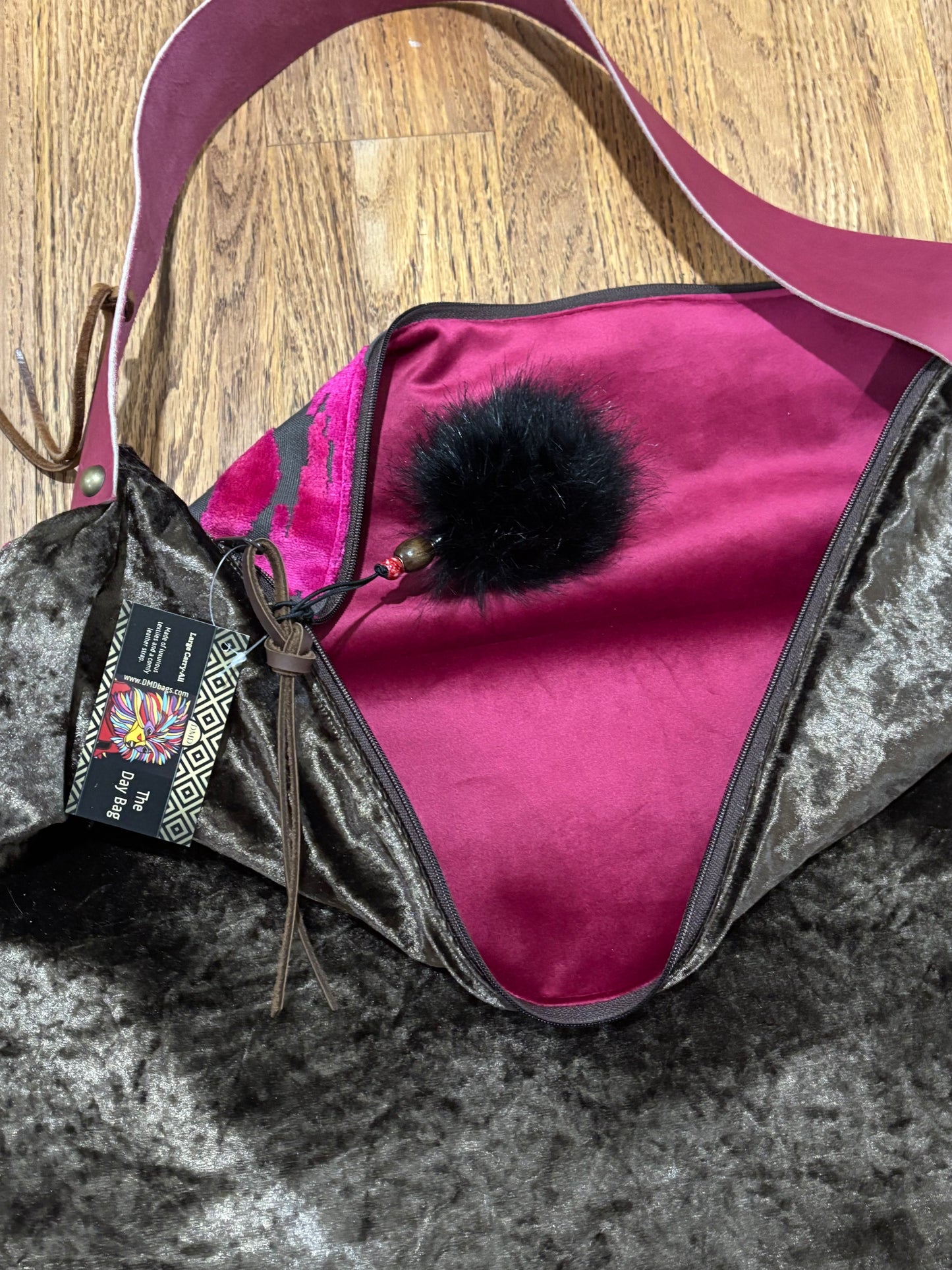 Day Bag-Fuchsia cut velvet & chocolate crush - DMD Bags