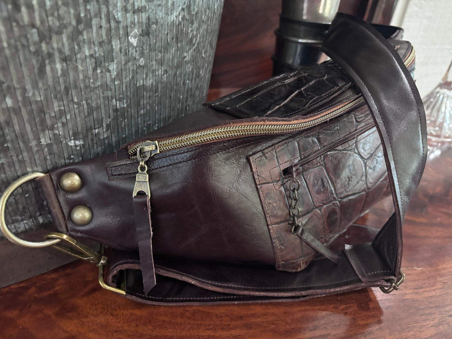 Sling Bag Chocolate with alligator trim - DMD Bags
