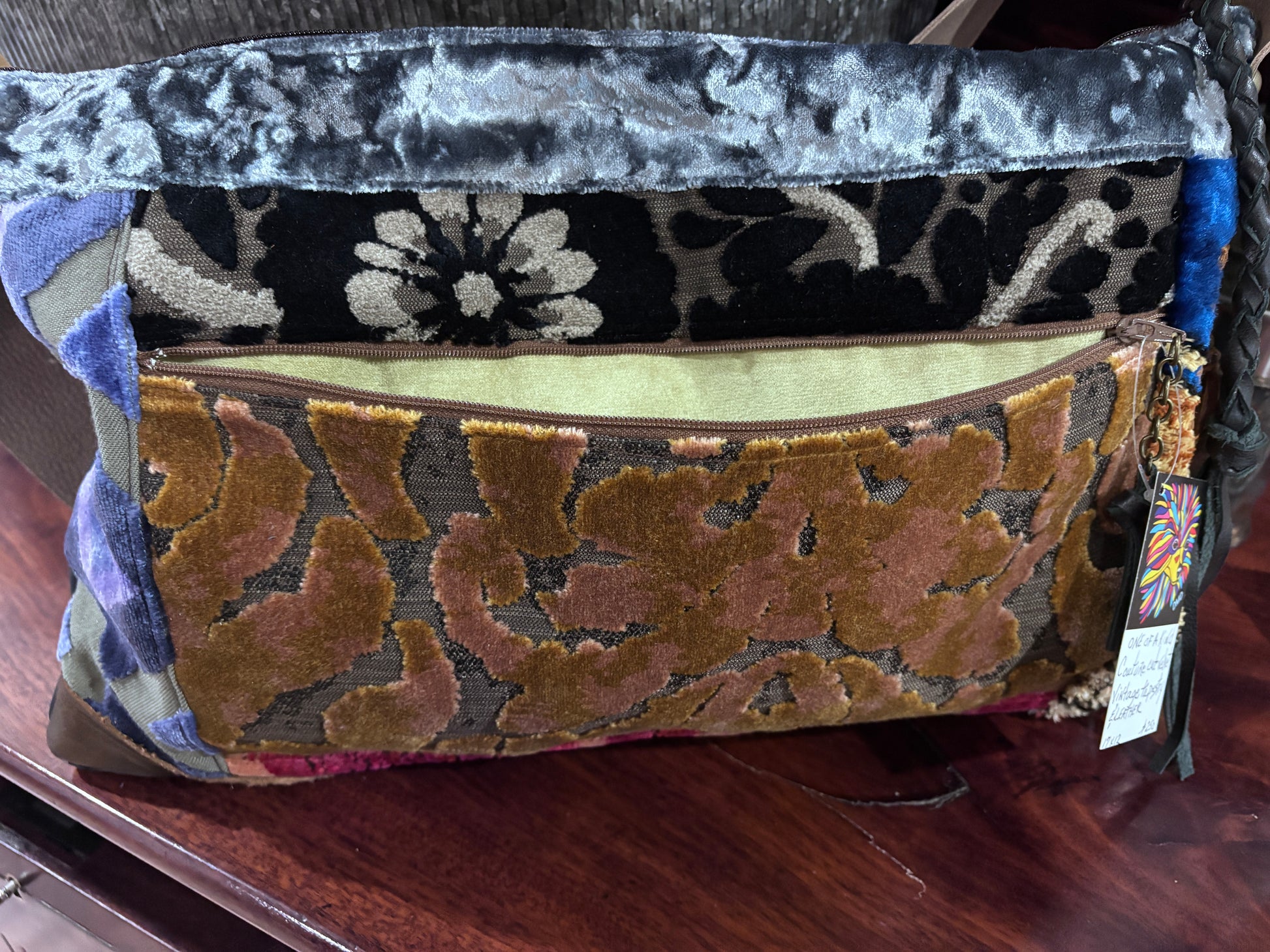 One of a kind Shoulder Bag- Couture Velvets and Navy Leather - DMD Bags