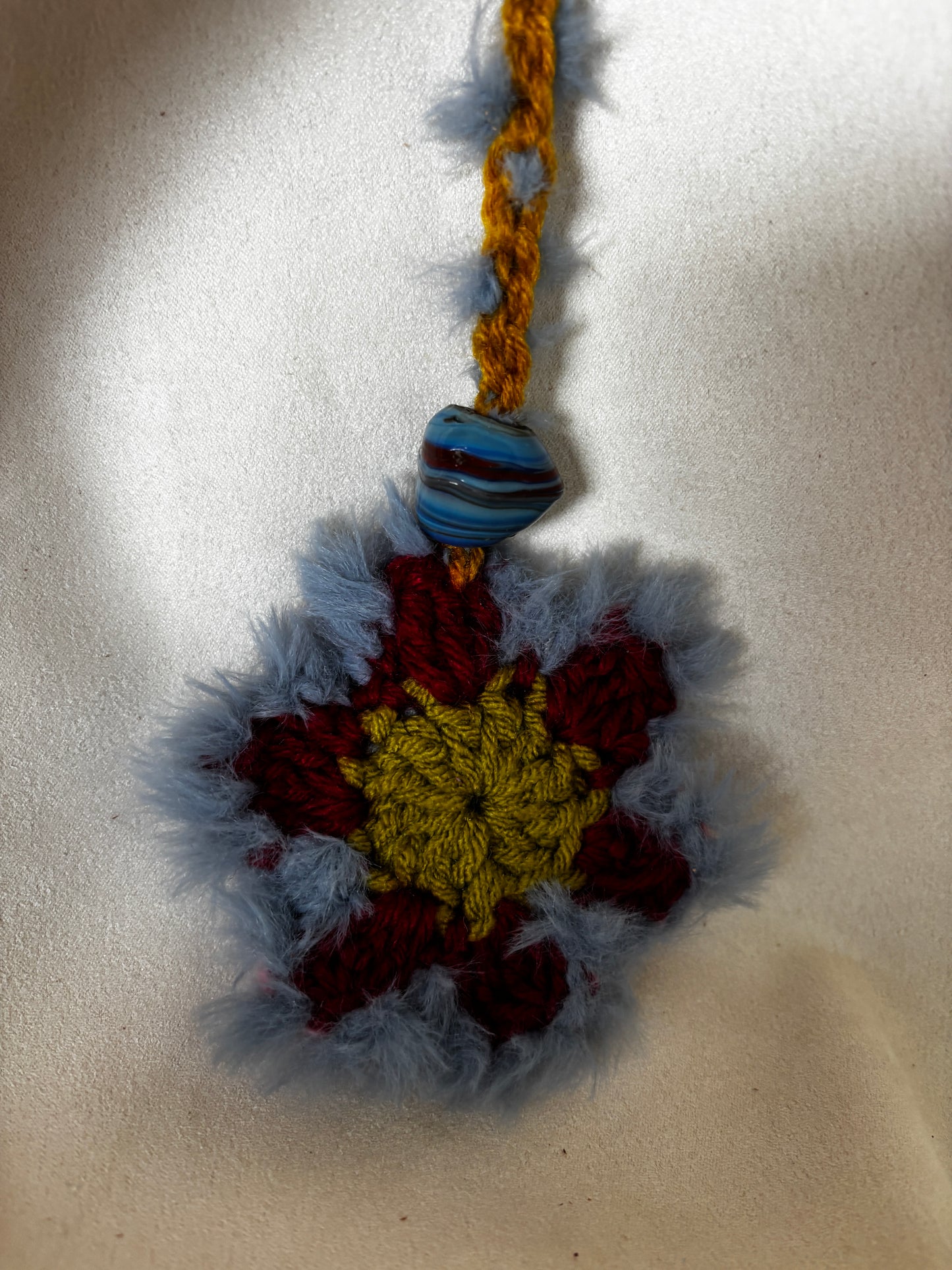 Crochet Flower- Bag Accessory One of a kind Handmade -Pink-Red-Fuzzy blue and green with swivel hook