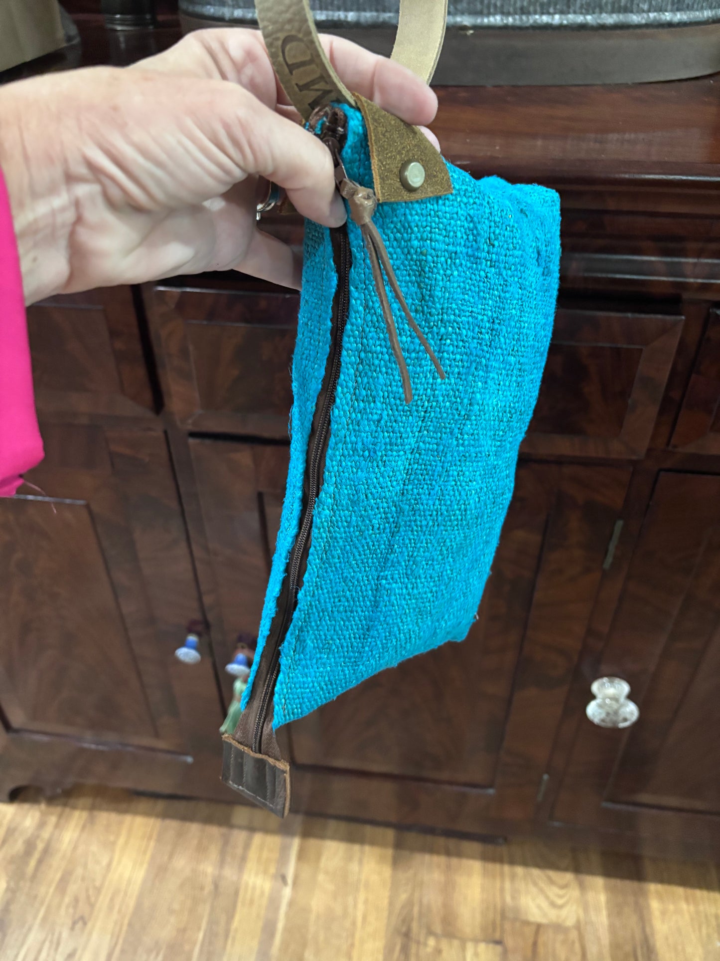 Wristlet- Nubby Woven Turquoise - Unlined & Leather Strap
