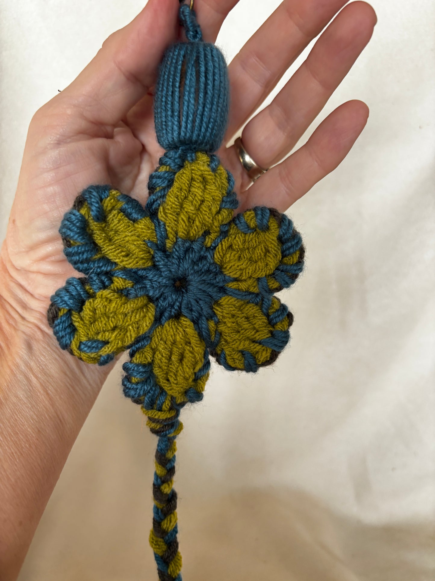 Crochet Flower Accessory- Purse charm/Luggage Tag Green-Blue-Gray one of a kind - DMD Bags