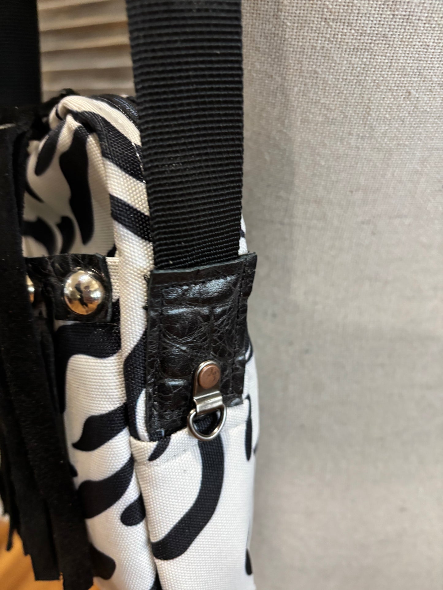 The X Bag, Rocker! Black and cream zebra silver studs, black leather fringe