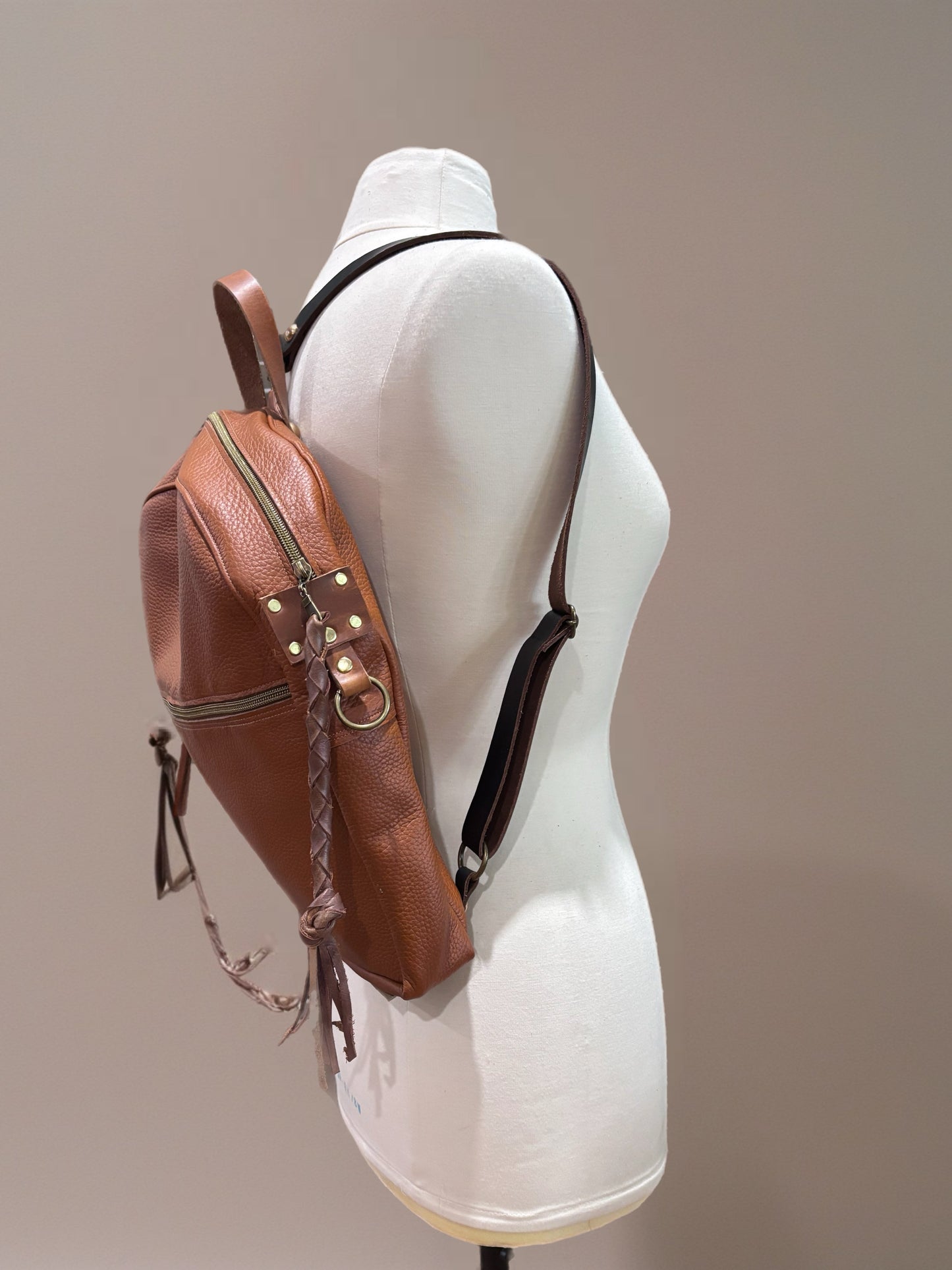 All Leather Backpack- Caramel Pebble Grain Leather with Gold Hardware “ Medium”