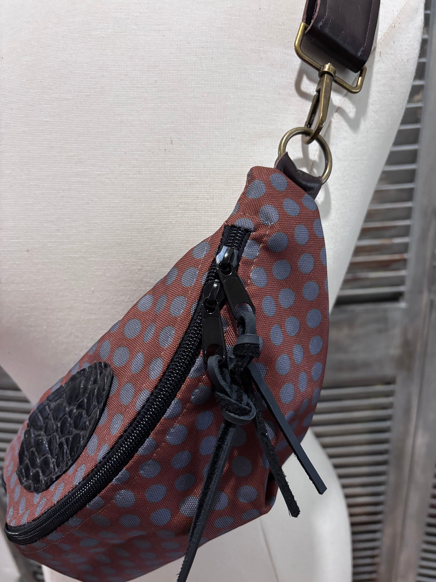 Sling bag-Fanny Pack Chocolate and gray dots! Alligator trim! Adjustable leather strap - DMD Bags