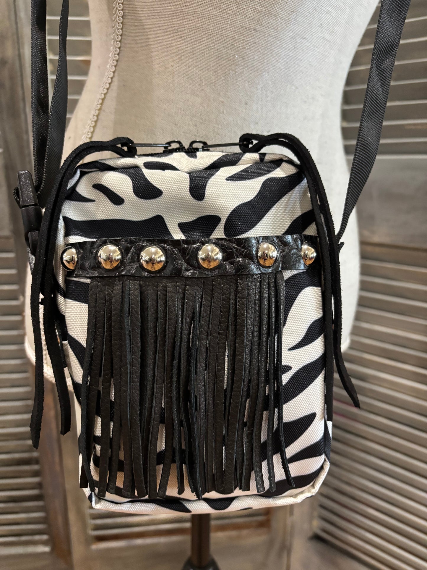 The X Bag, Rocker! Black and cream zebra silver studs, black leather fringe