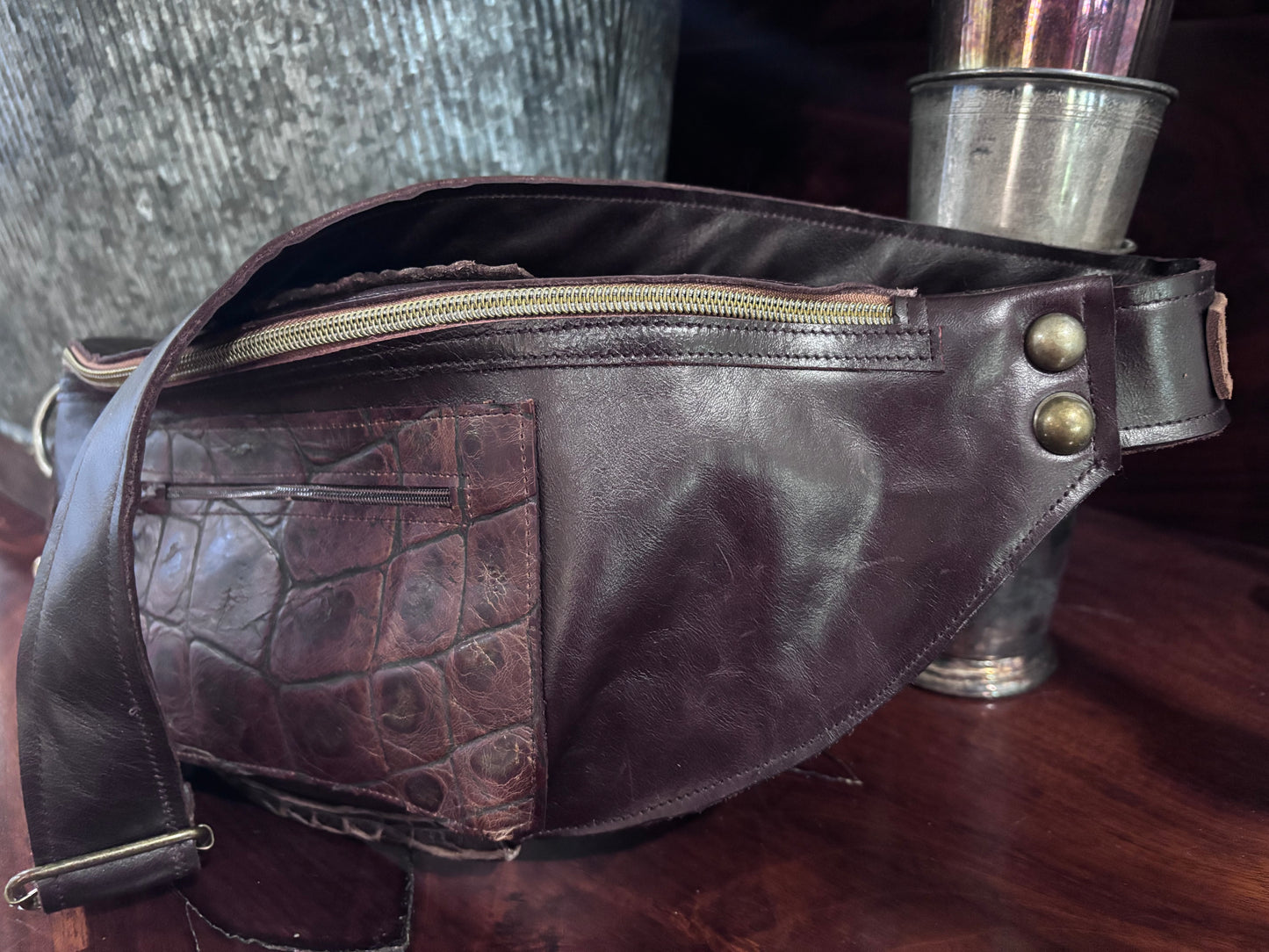 Sling Bag Chocolate with alligator trim - DMD Bags