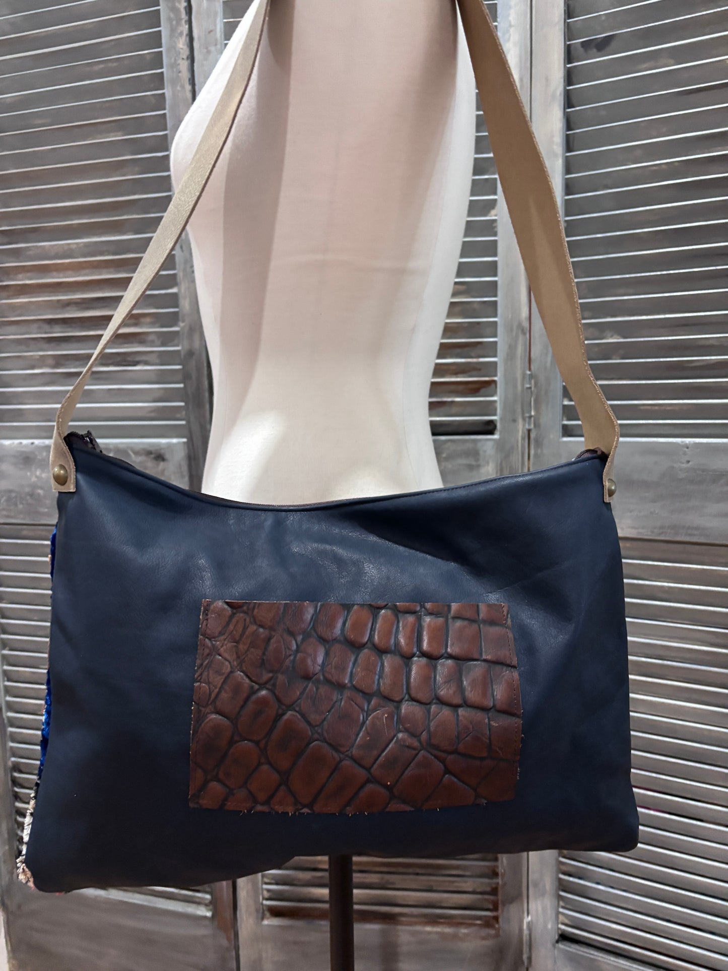 One of a kind Shoulder Bag- Couture Velvets and Navy Leather - DMD Bags