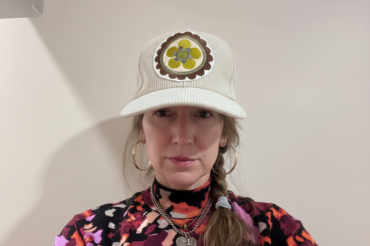 No More Bad Hair Days!!Cream Corduroy Cap with Embroidered Medallion