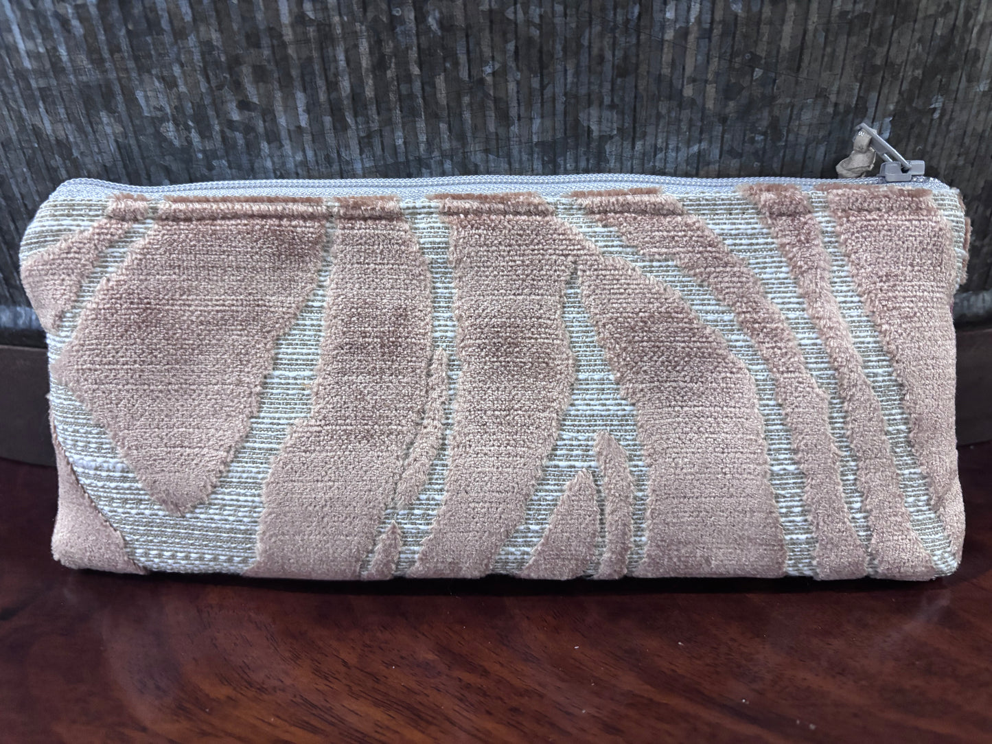 Patchwork Pouch Letter R cut velvet-metallic leather trim 8.5 x4