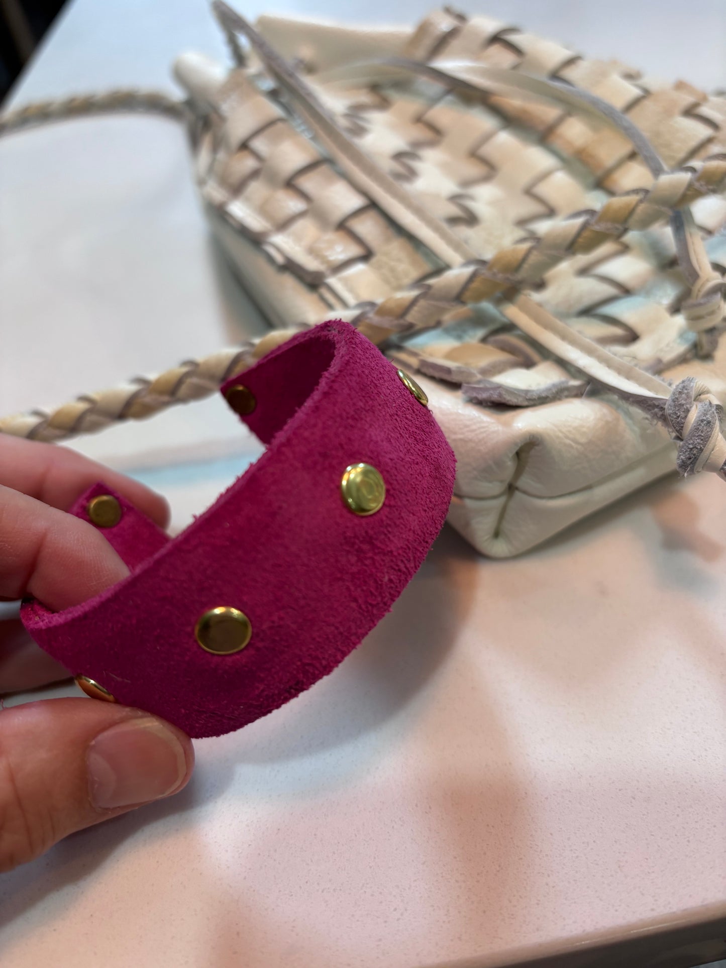 Fuchsia Suede Cuff Amazing color with gold brass rivets