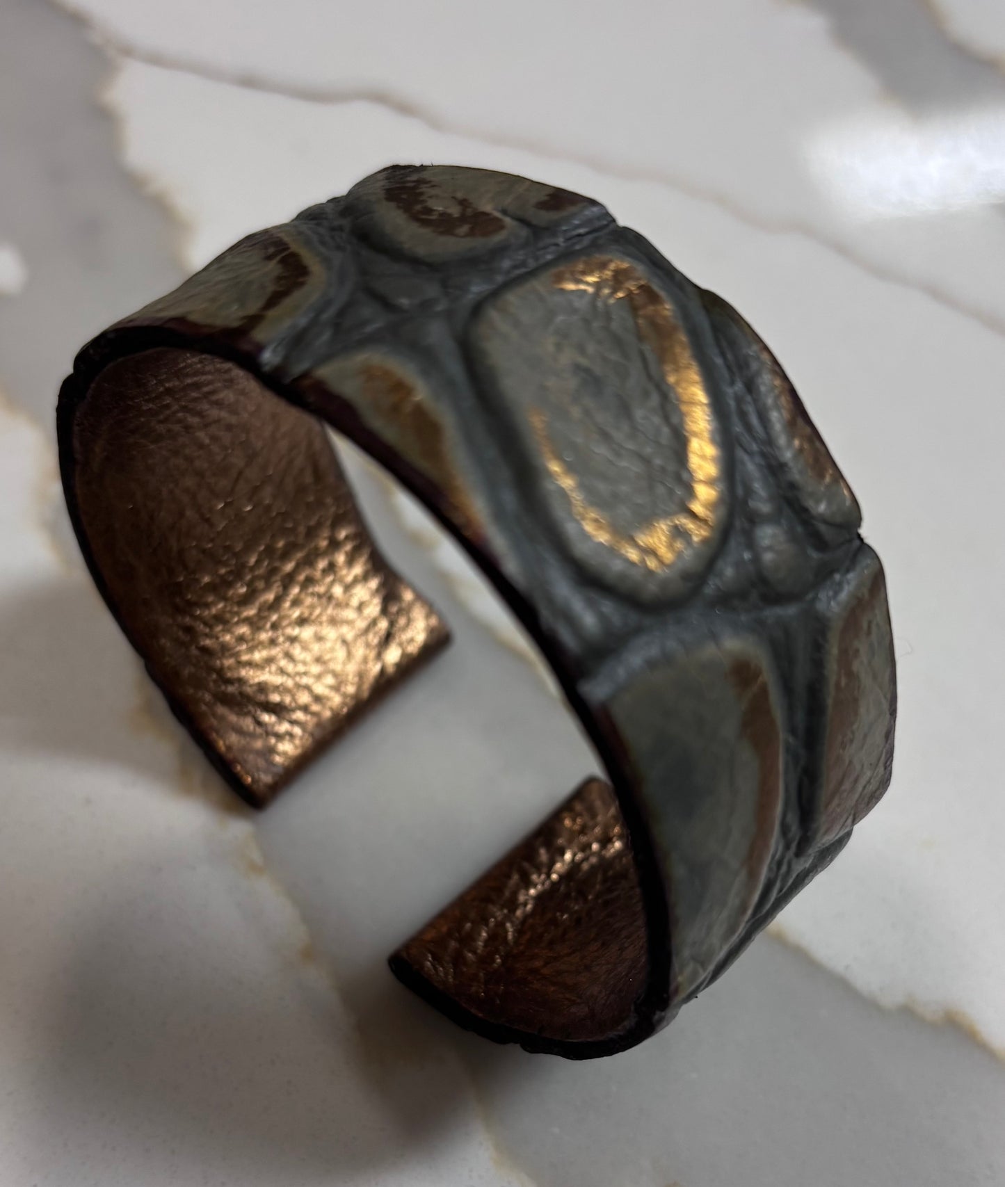 Handmade leather cuff- copper metallic and croc embossed with touches of bronze metallic