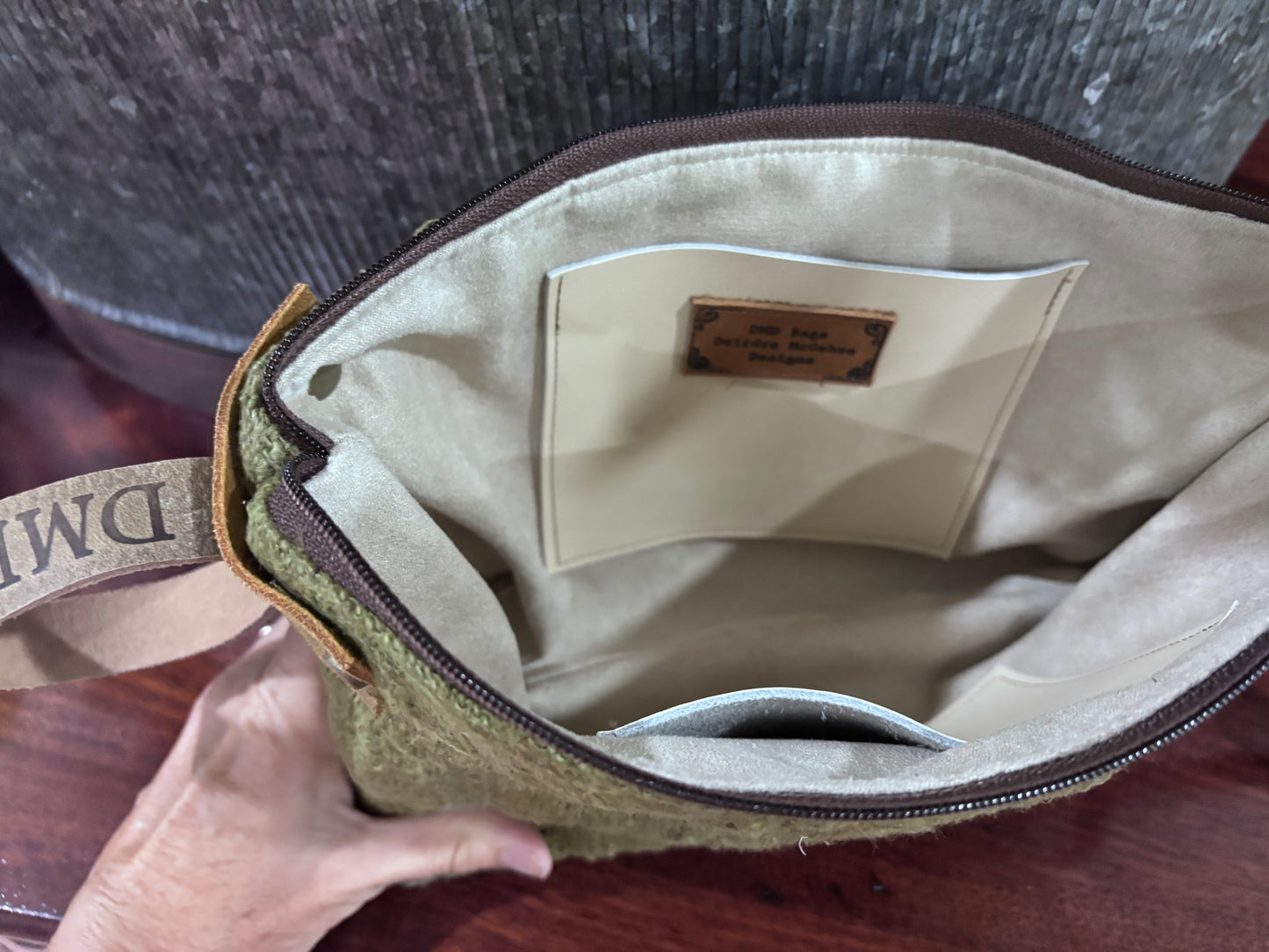 Nubby linen woven wristlet Olive green, two pocket interior - DMD Bags