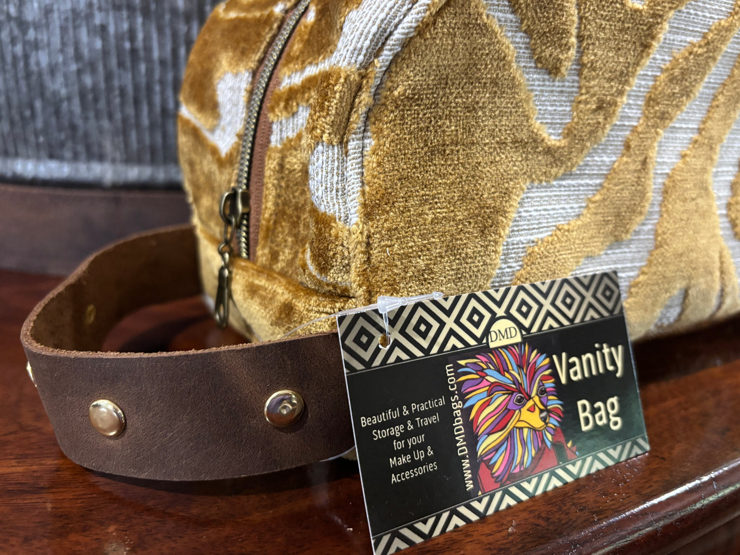 Gold Tiger Cut Velvet Vanity Bag with leather pocket & Rivet Trim Strap
