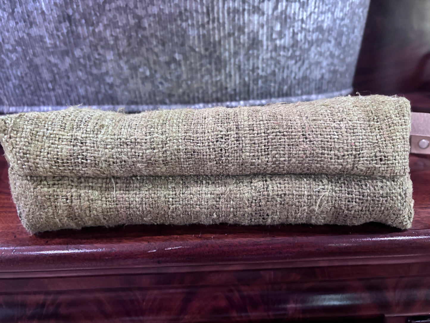 Nubby linen woven wristlet Olive green, two pocket interior - DMD Bags