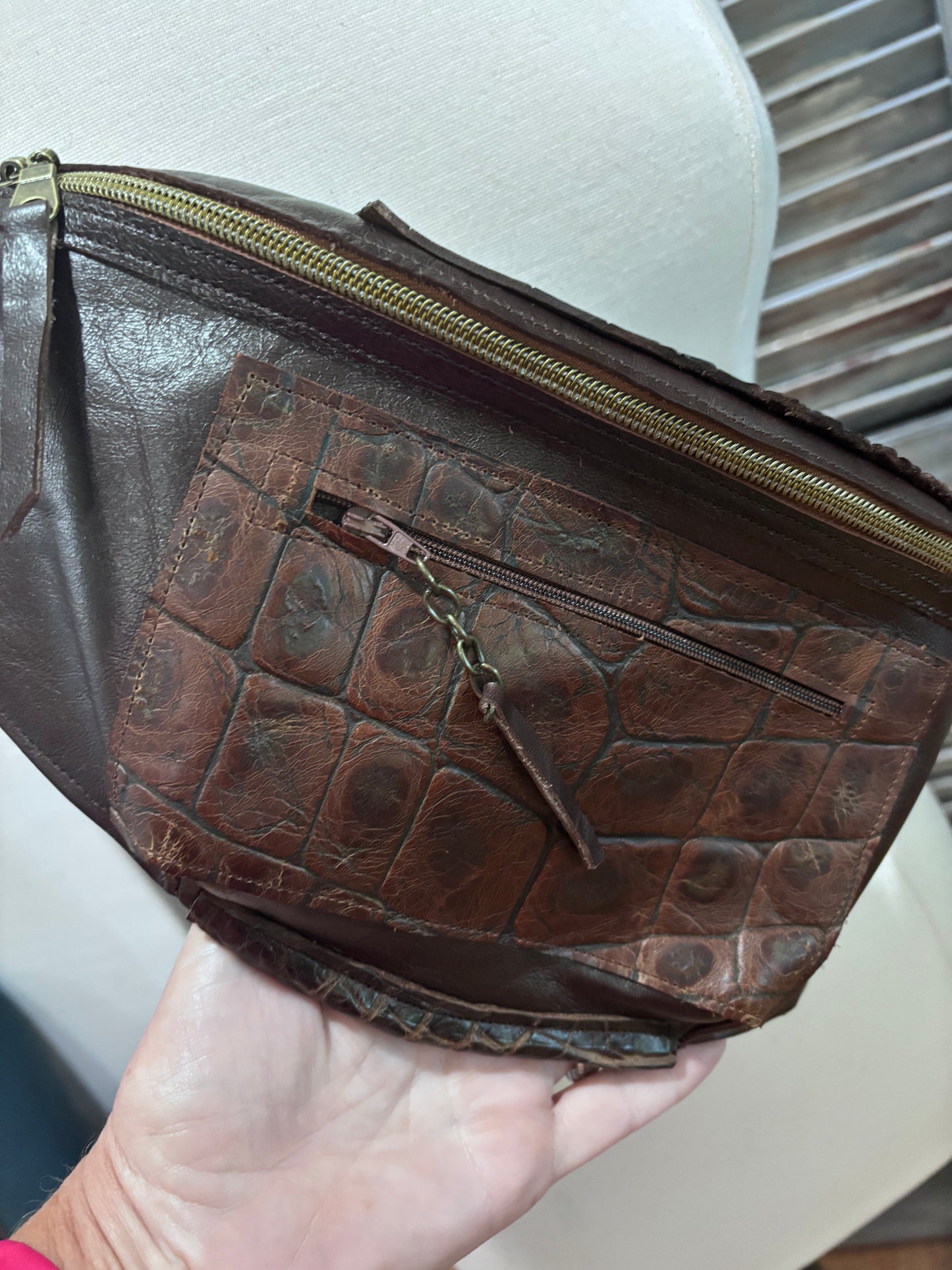 Sling Bag Chocolate with alligator trim - DMD Bags
