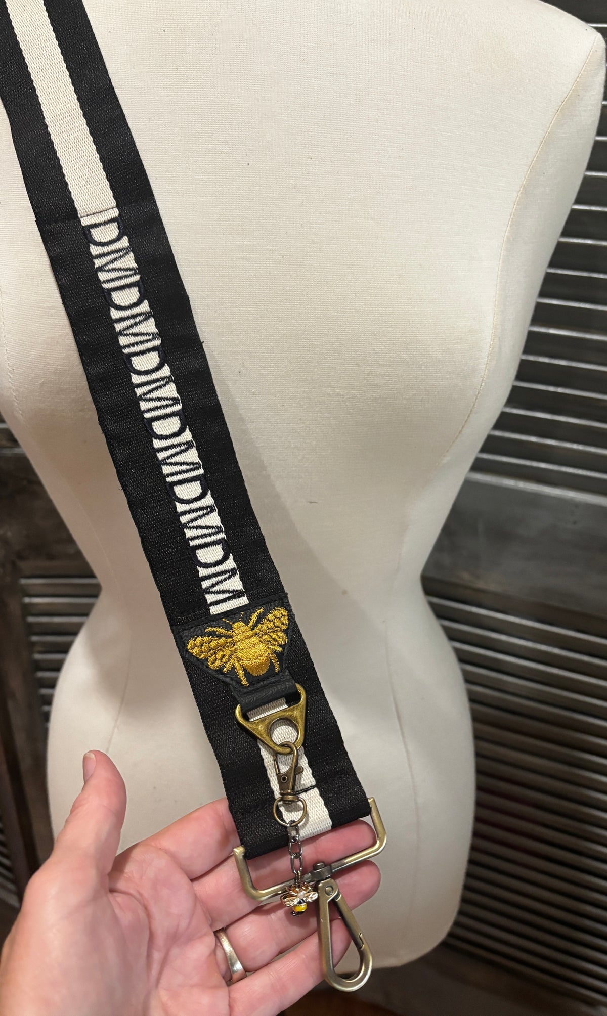 One of a kind Adjustable Shoulder Strap Black and Cream and Antique brass hardware