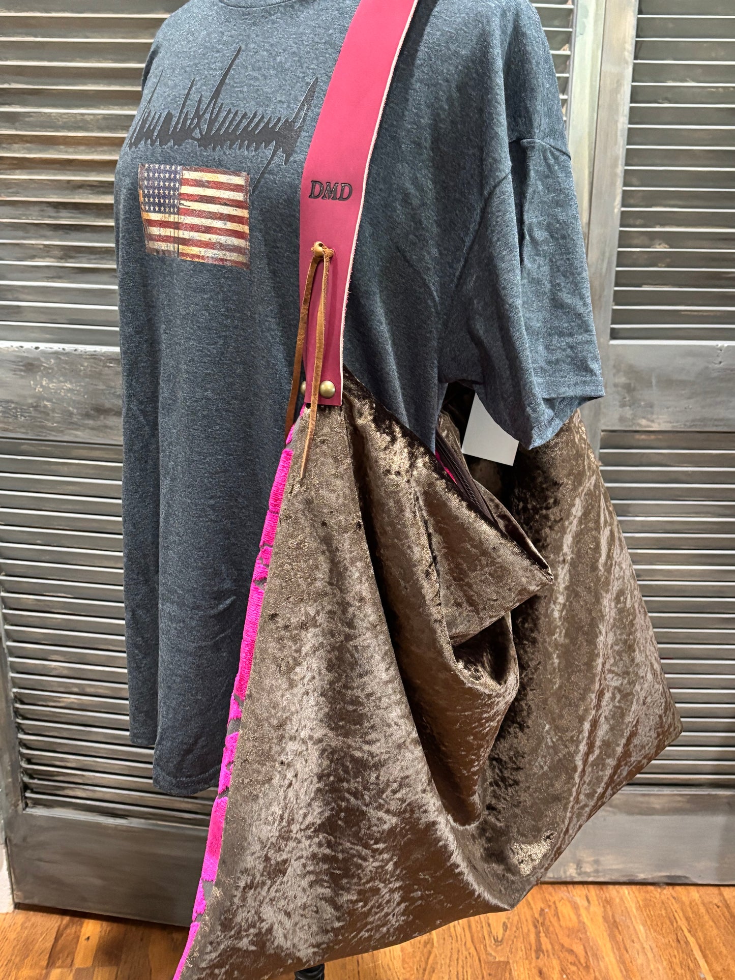 Day Bag-Fuchsia cut velvet & chocolate crush - DMD Bags