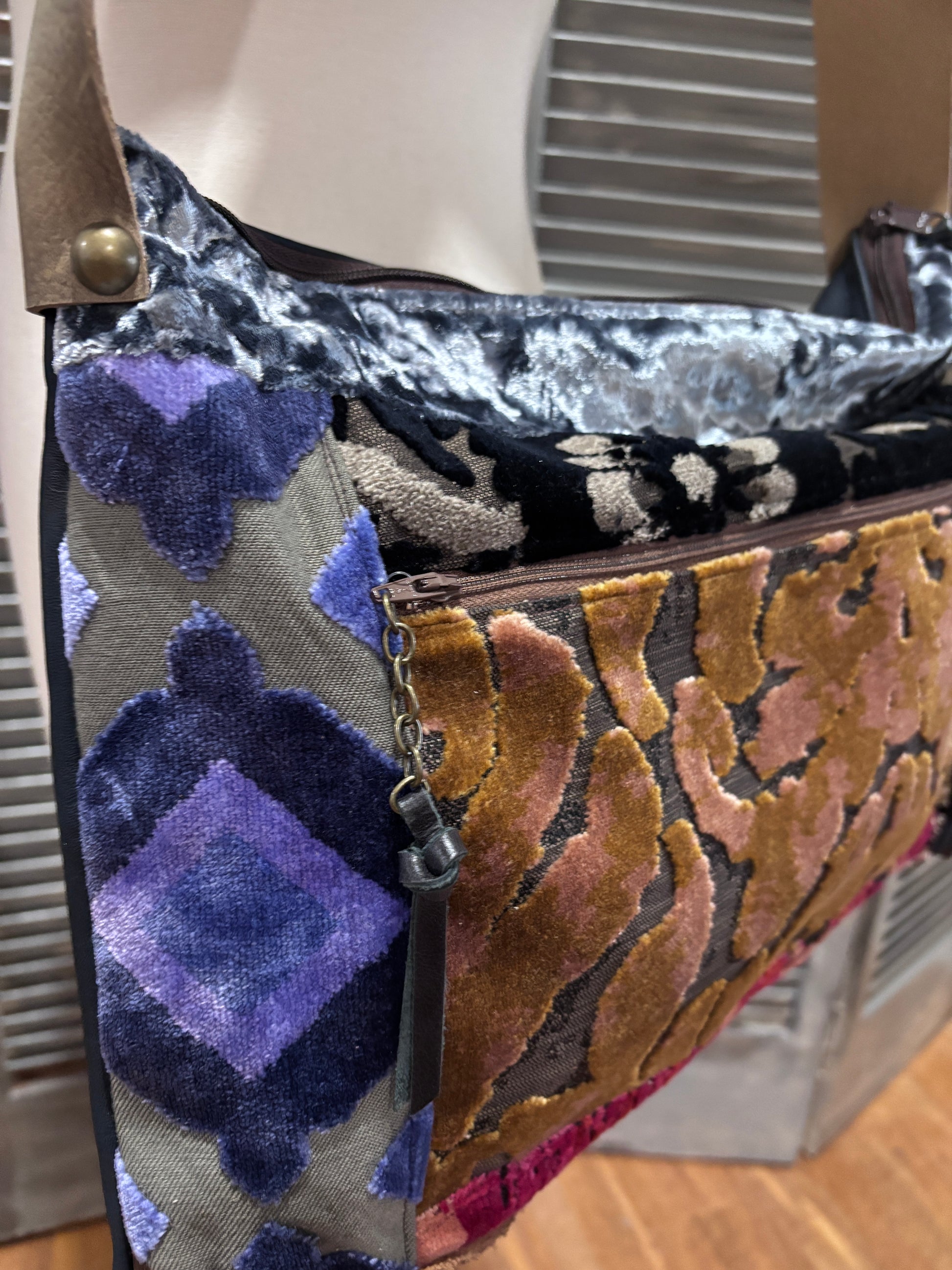 One of a kind Shoulder Bag- Couture Velvets and Navy Leather - DMD Bags