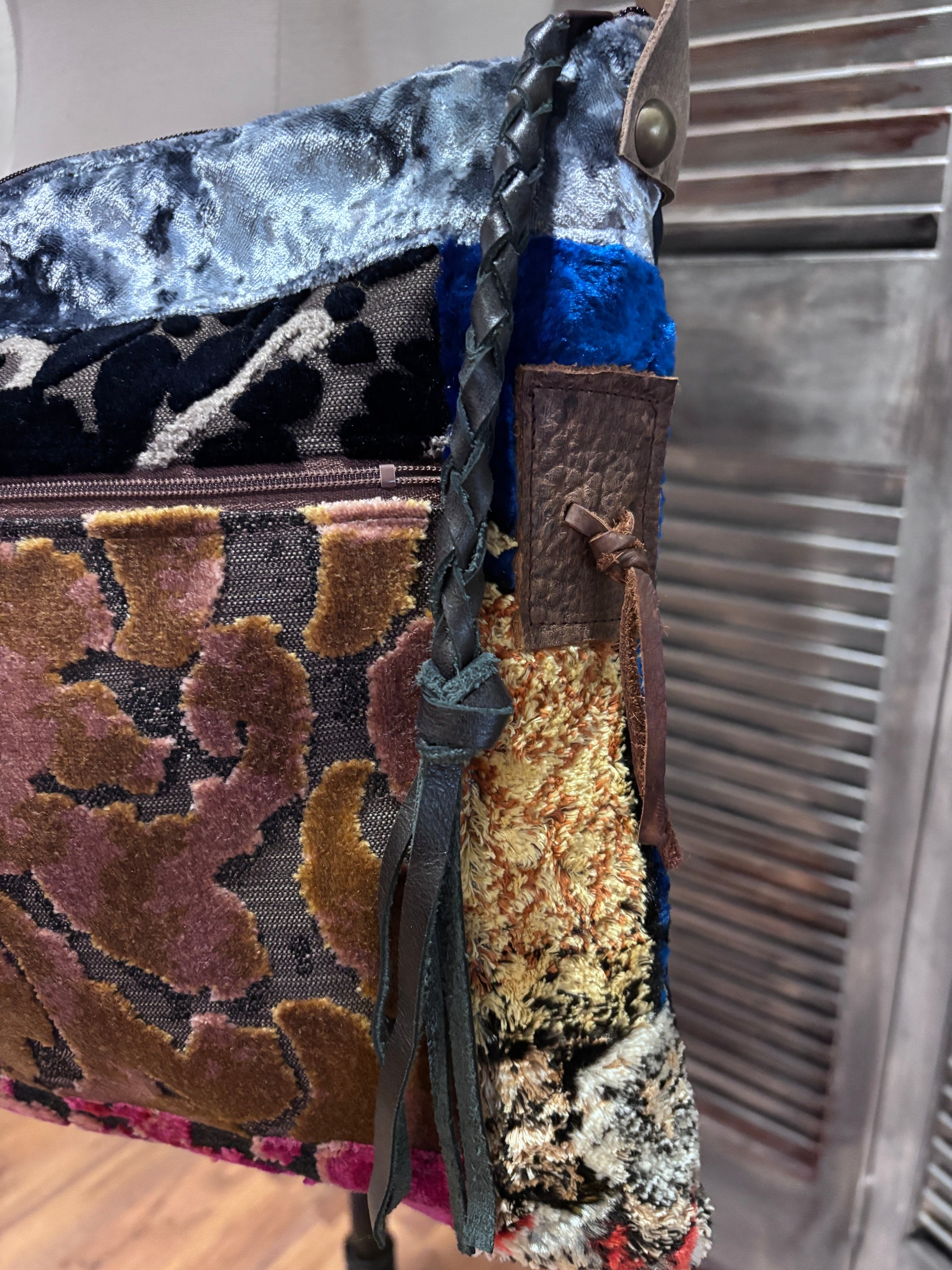 One of a kind Shoulder Bag- Couture Velvets and Navy Leather - DMD Bags