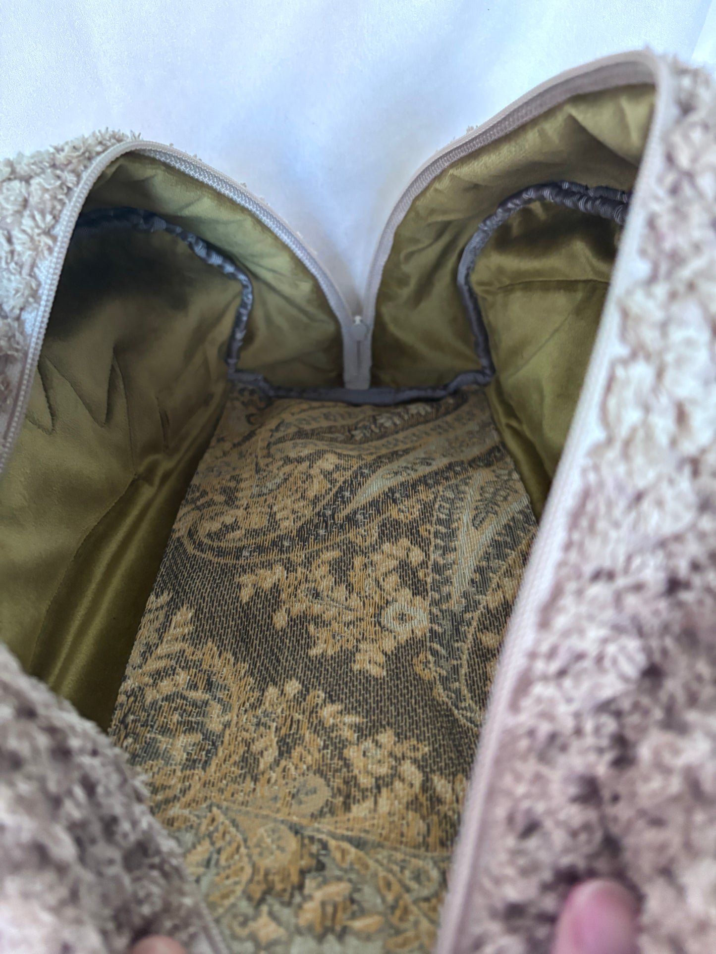 Vanity Bag Chenille Check with plush green interior-Rustic leather trim and leather crown - DMD Bags