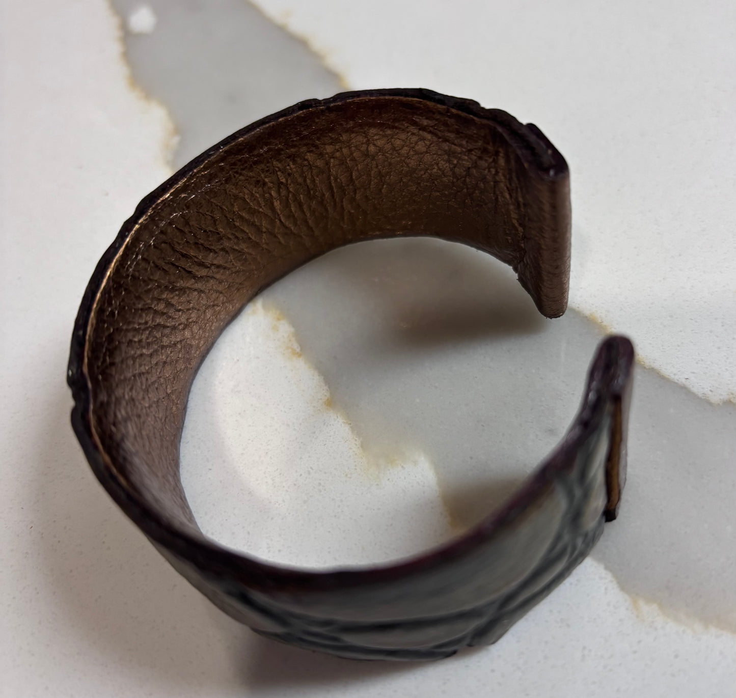 Handmade leather cuff- copper metallic and croc embossed with touches of bronze metallic