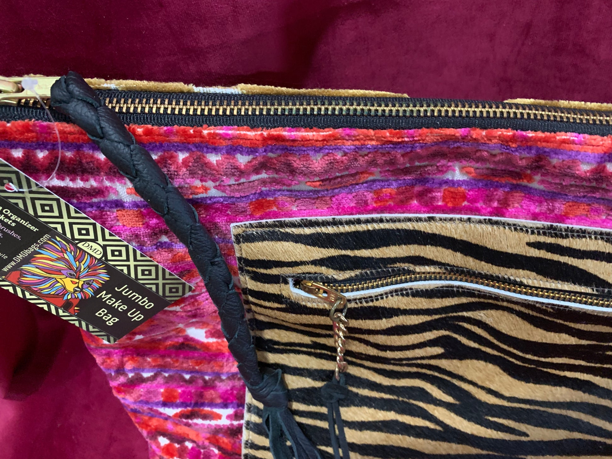 Jumbo Make Up Bag Pink and Tiger with Gold Cut Velvet Tiger back  Brass zippers - DMD Bags