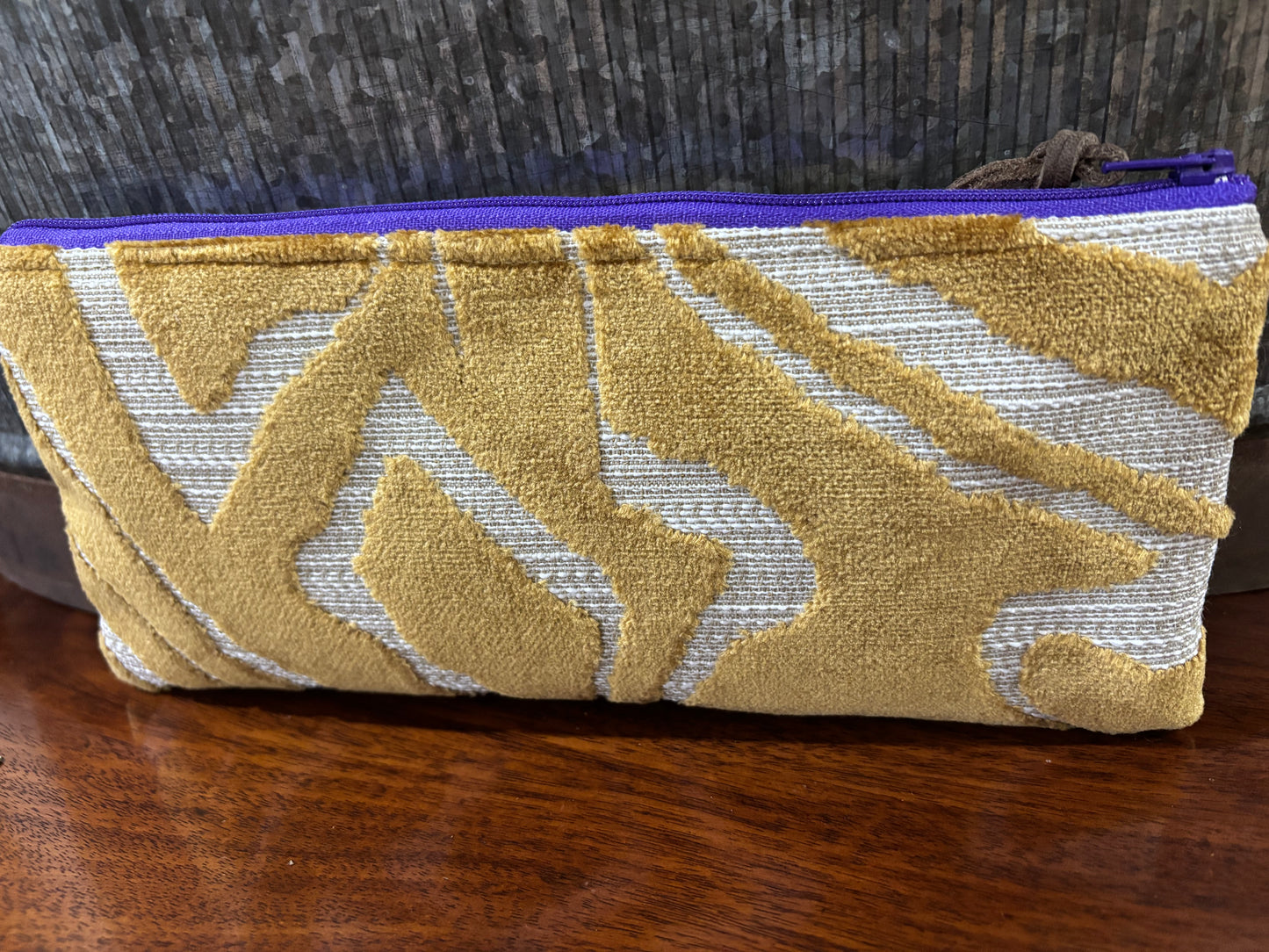 Golden Tiger cut velvet Purple zipper Slim Pouch 9x4 - DMD Bags