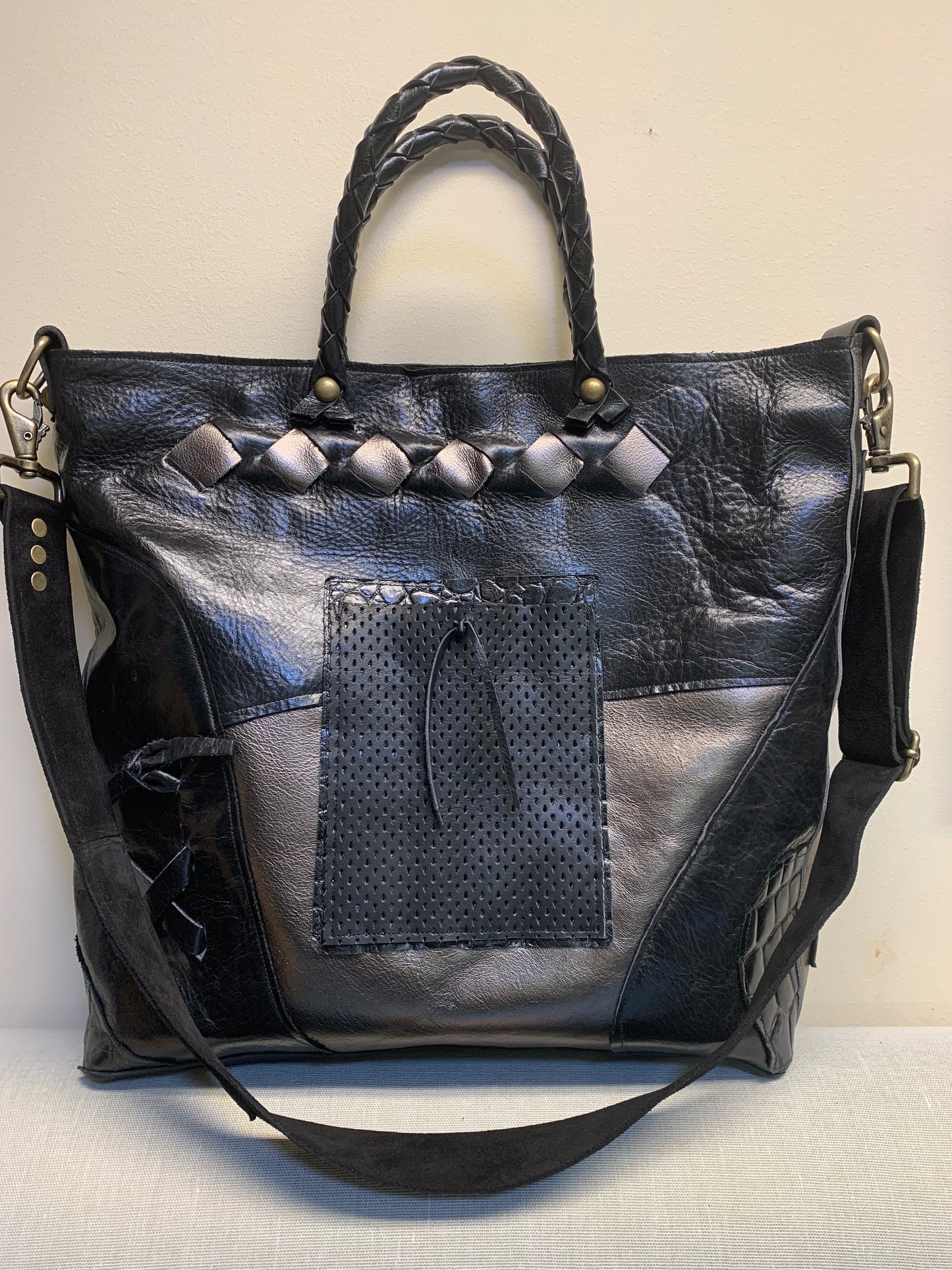 Black Leather Satchel One of a Kind Adjustable Shoulder Strap - DMD Bags