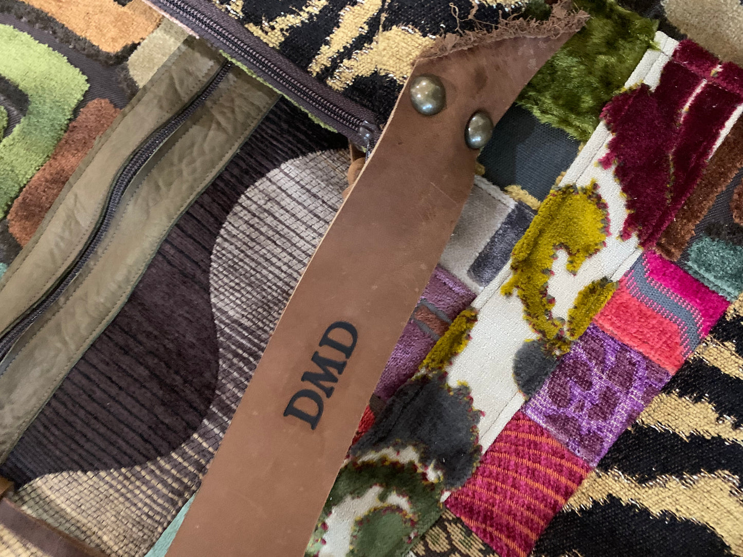 Traveler- Kuba Cloth Cut Velvet with mutli-color patchwork pocket - DMD Bags