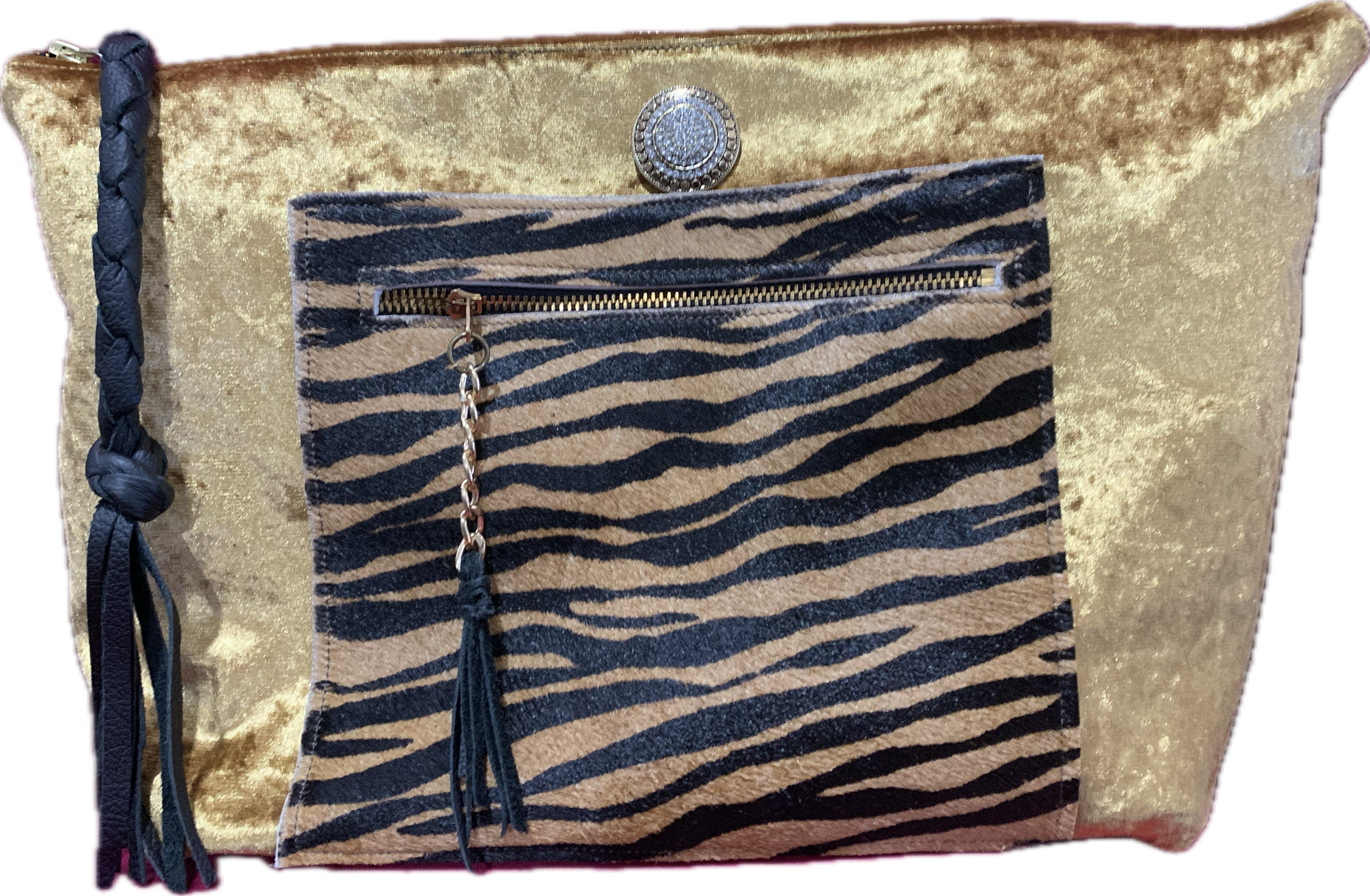 Jumbo Make Up Gold Crush Velvet & Tiger Chenille with Hair on Hide Tiger Pocket Brass Zipper - DMD Bags