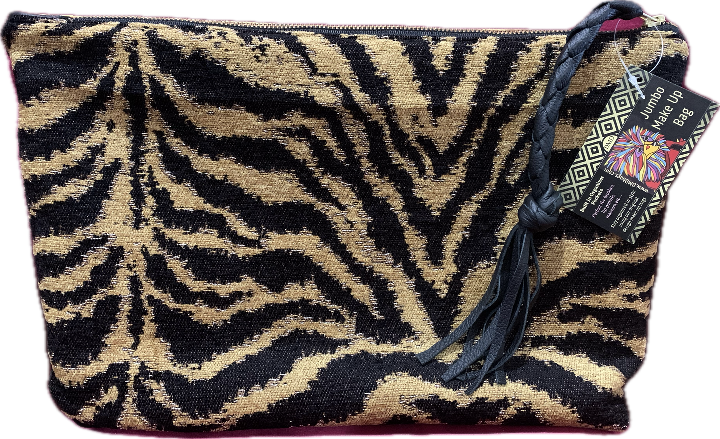 Jumbo Make Up Gold Crush Velvet & Tiger Chenille with Hair on Hide Tiger Pocket Brass Zipper