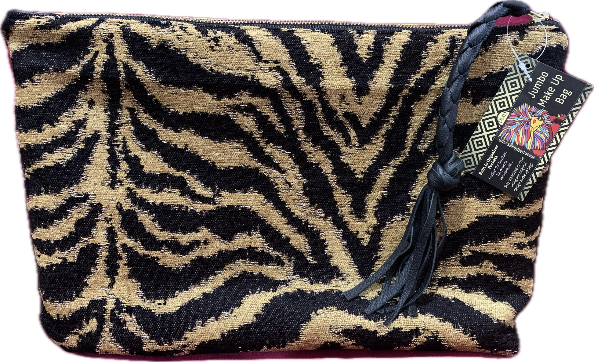 Jumbo Make Up Gold Crush Velvet & Tiger Chenille with Hair on Hide Tiger Pocket Brass Zipper - DMD Bags