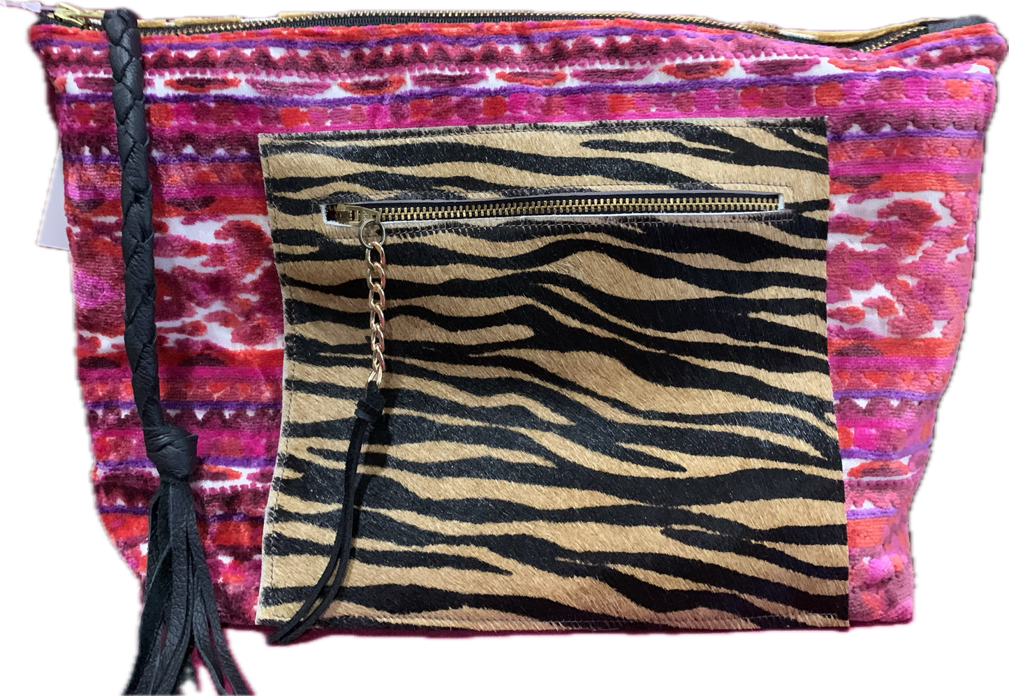 Jumbo Make Up Bag Pink and Tiger with Gold Cut Velvet Tiger back Brass zippers - DMD Bags