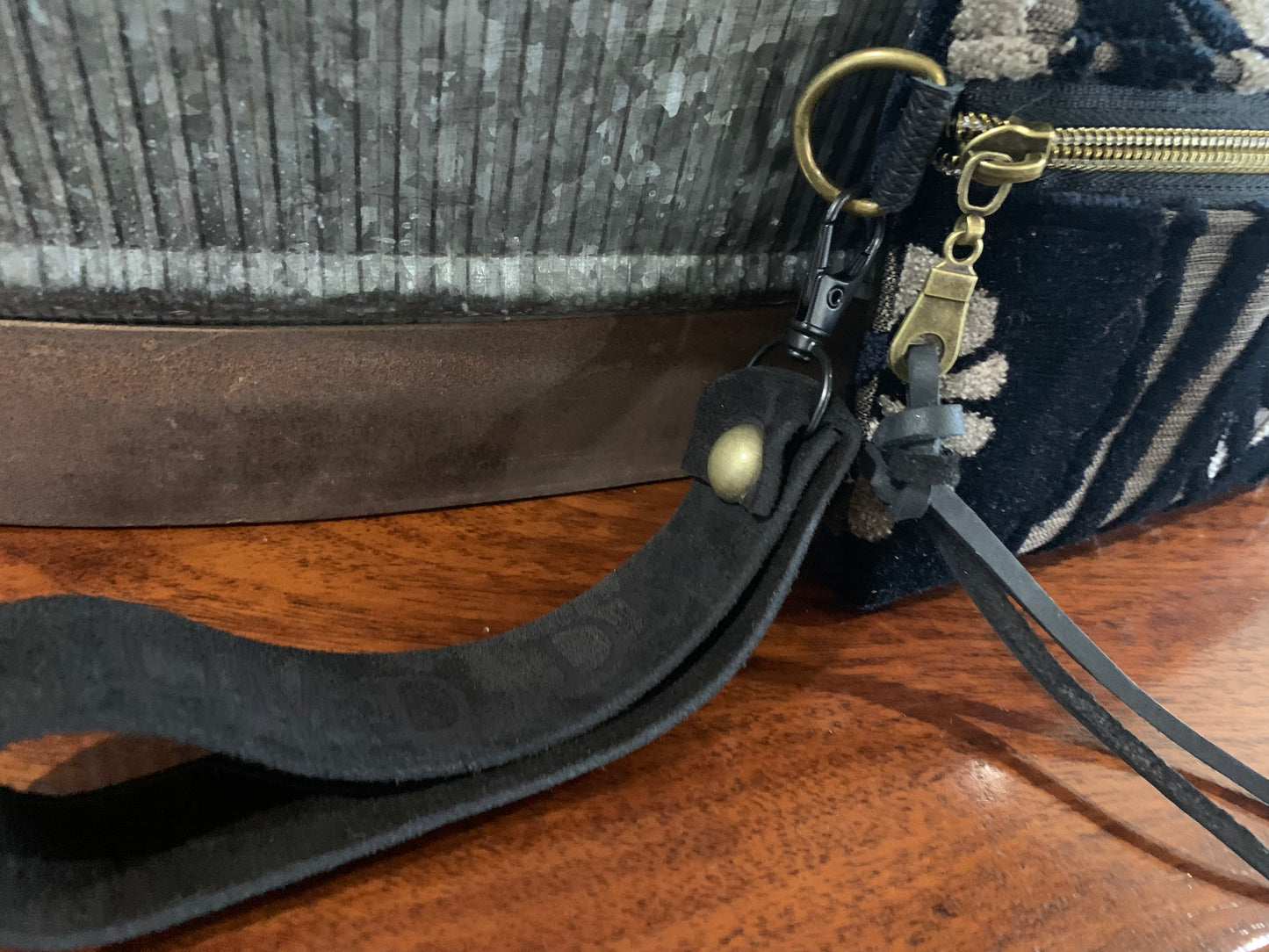 Classy Clutch with Wrist Strap-Black & Gray cut Velvet with black leather wrist strap