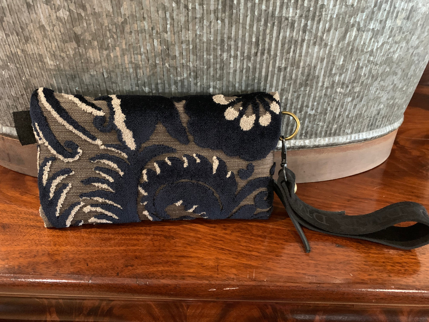 Classy Clutch with Wrist Strap-Black & Gray cut Velvet with black leather wrist strap