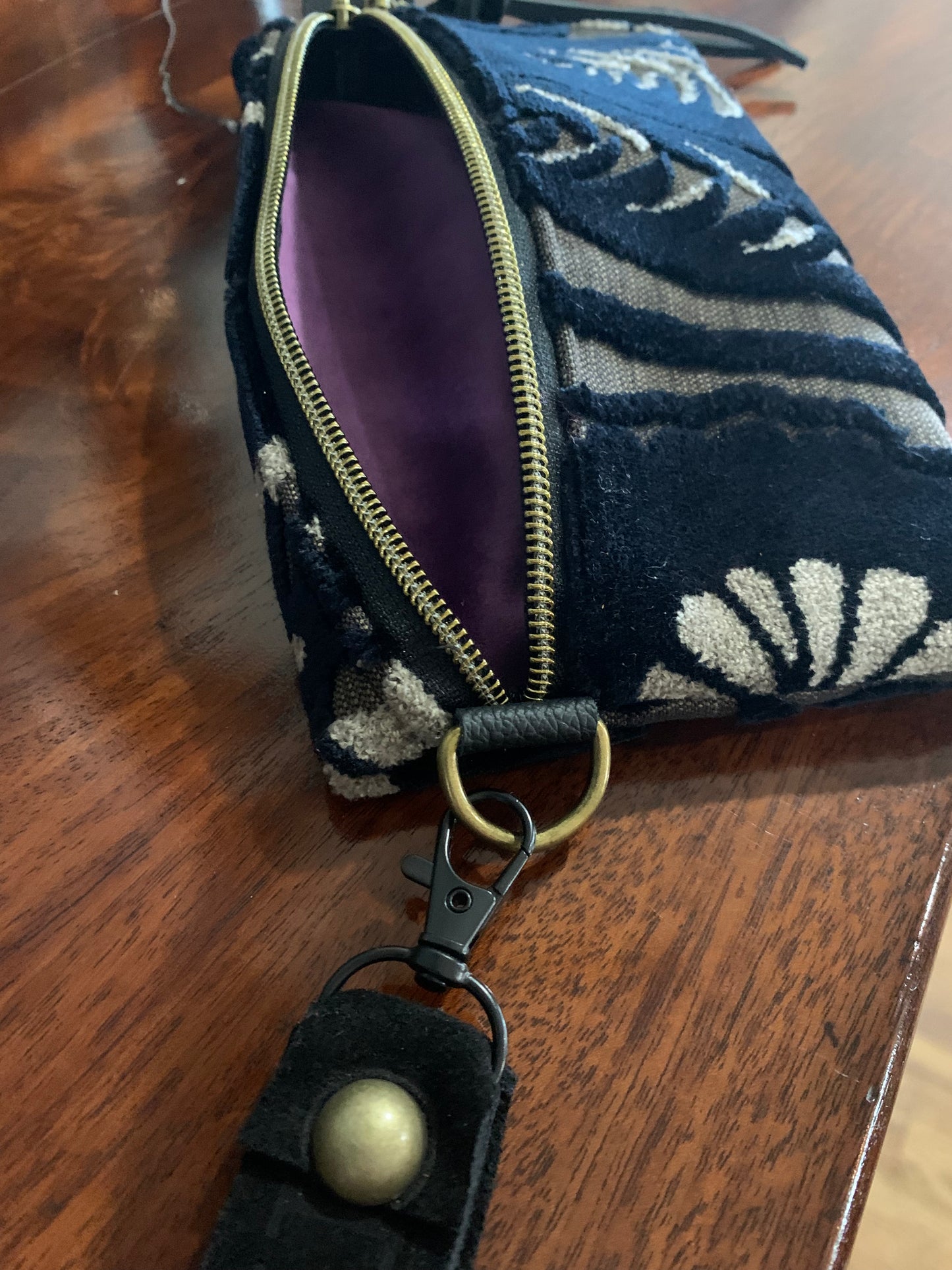 Classy Clutch with Wrist Strap-Black & Gray cut Velvet with black leather wrist strap