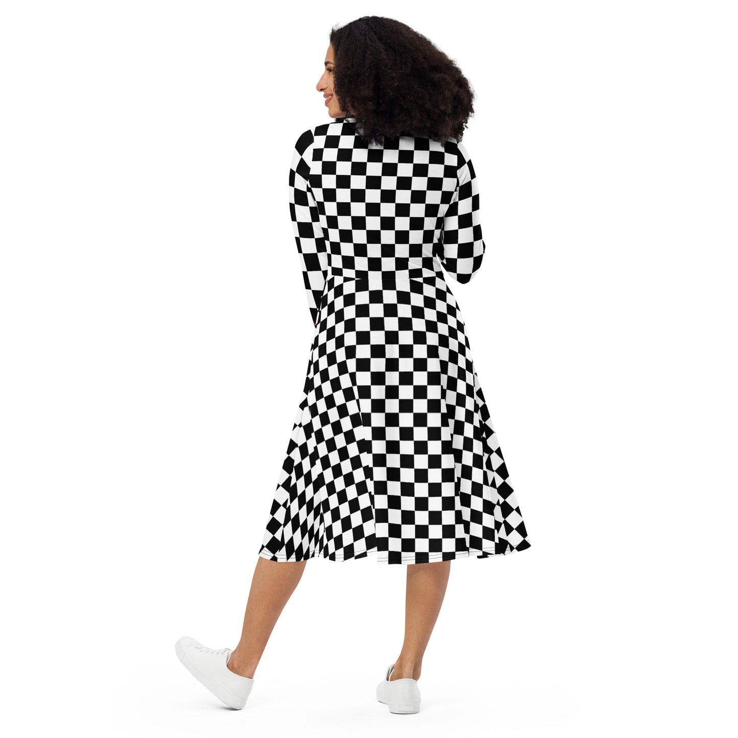 Black & White check with Pink flame accent on sleeve- long sleeve midi dress - DMD Bags