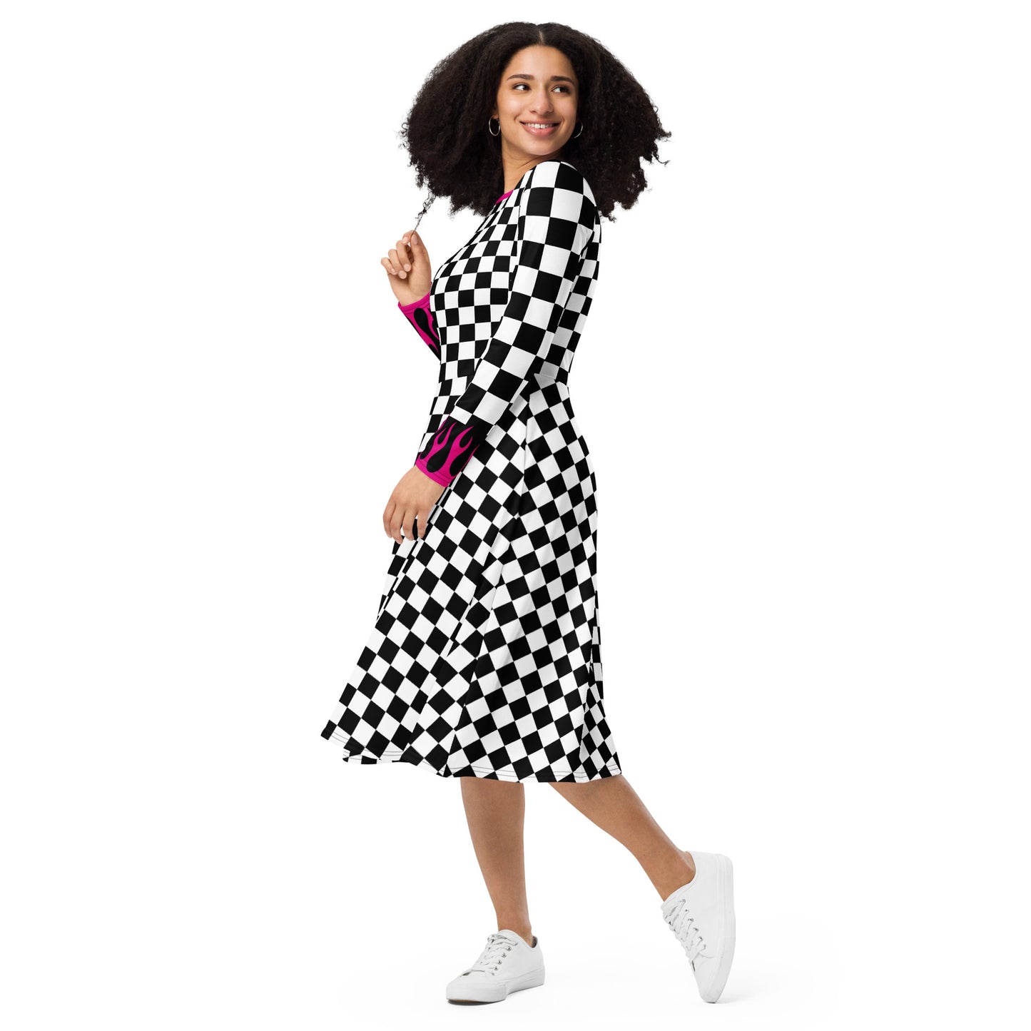 Black & White check with Pink flame accent on sleeve- long sleeve midi dress - DMD Bags