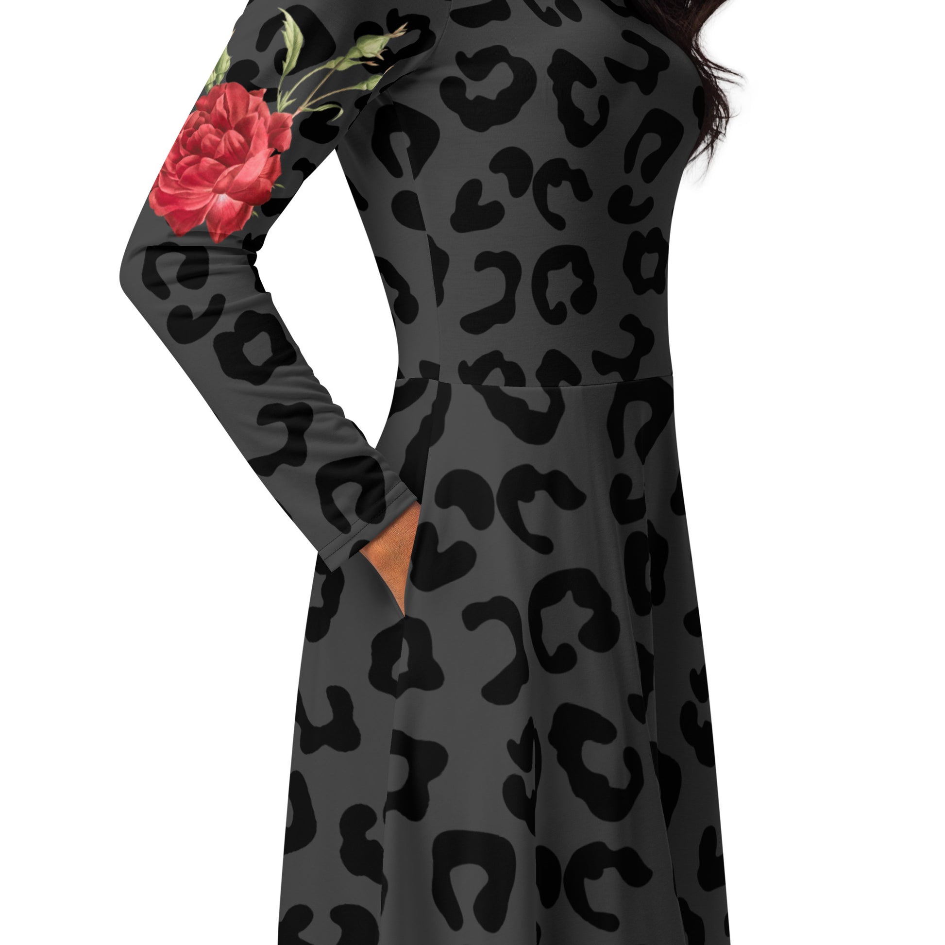 Gray & Black Cheetah with rose detail-long sleeve midi dress - DMD Bags