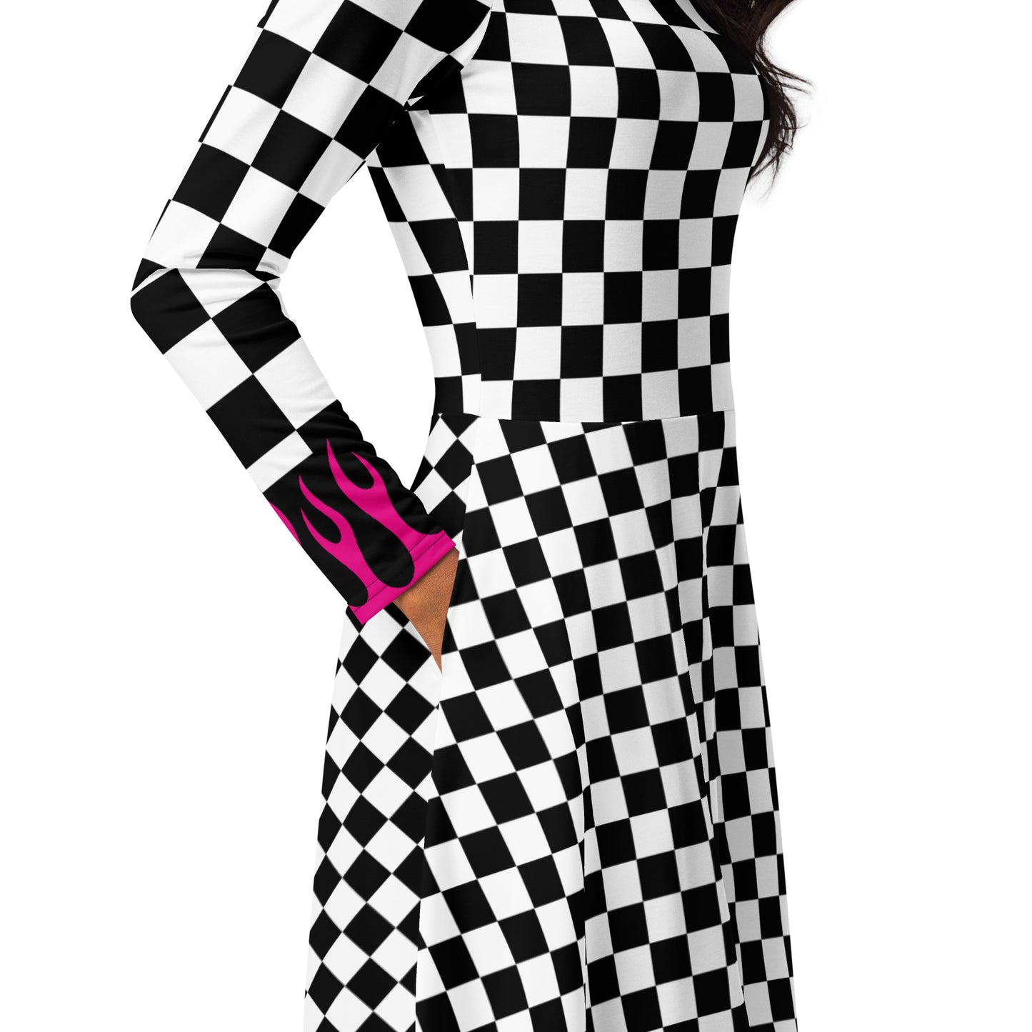 Black & White check with Pink flame accent on sleeve- long sleeve midi dress - DMD Bags