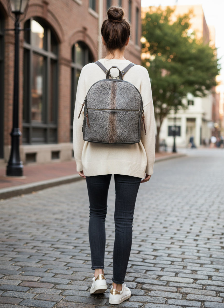 Back Pack - Gray and Brown Hair on Cowhide with gray leather - DMD Bags