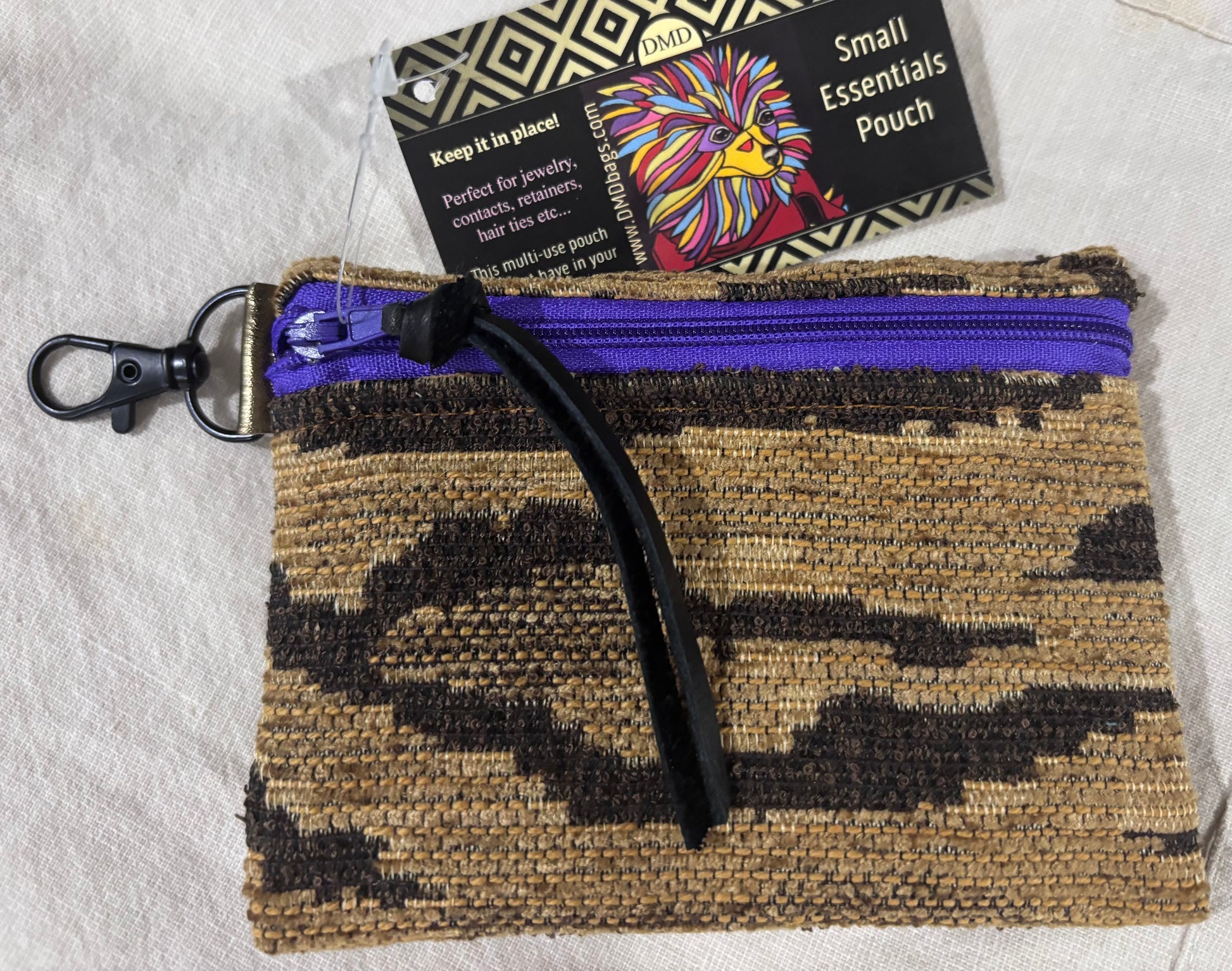 Small Essential Pouch with Snaphook woven tiger with purple zipper 5”x4” - DMD Bags