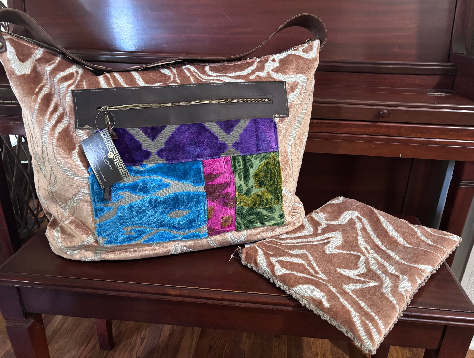 Weekender Travel Companion Bag- Rose Gold Tiger- Brown Leather Bottom - DMD Bags