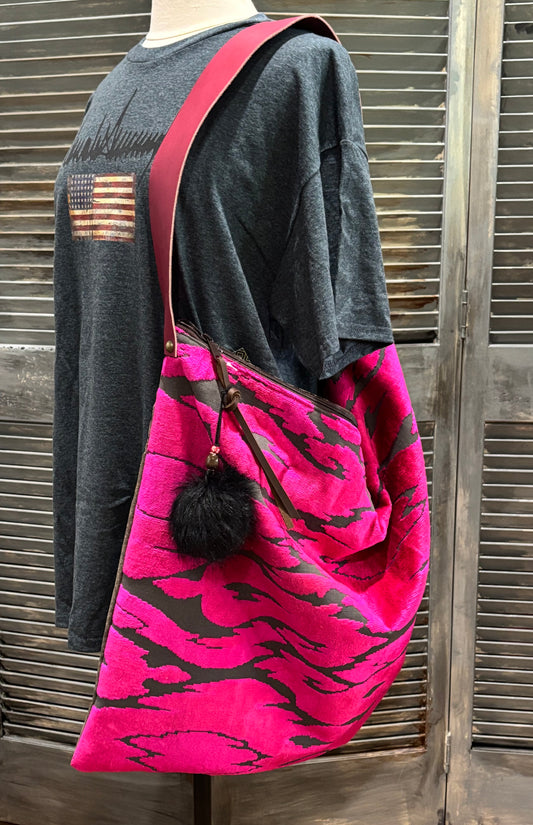 Day Bag-Fuchsia cut velvet & chocolate crush - DMD Bags